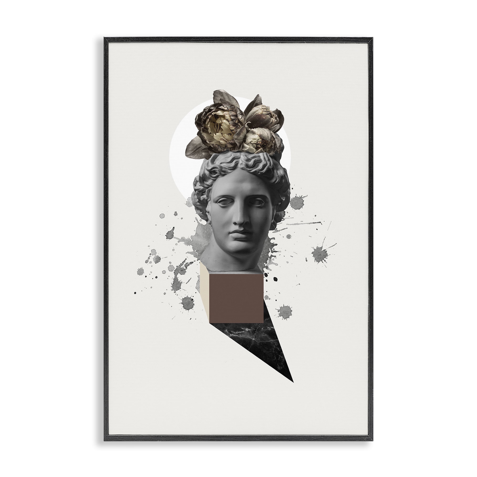 Stupell Industries Modern Statue with Peonies Botanical & Floral Painting Black Framed Art Print Wall Art, 16 x 24