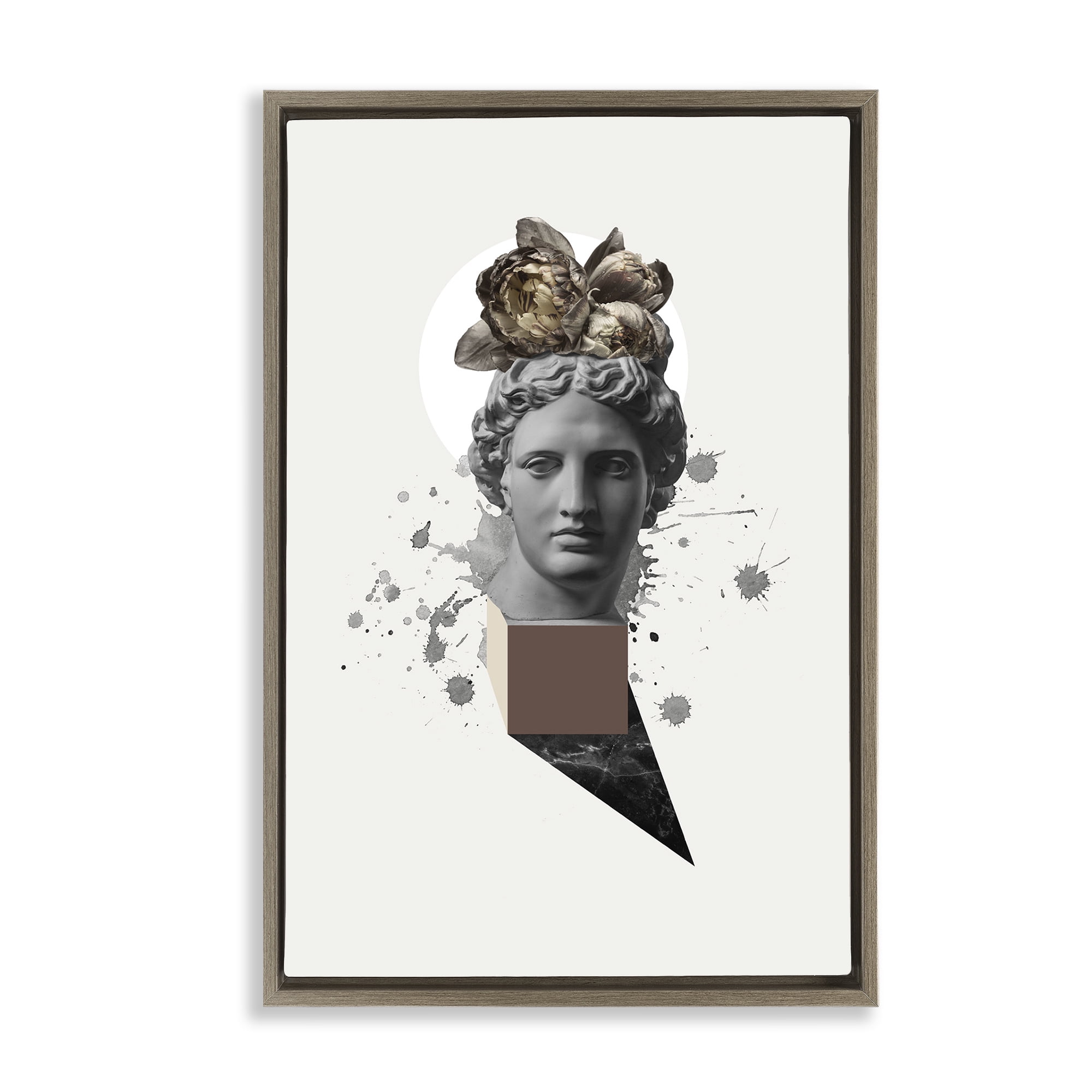 Stupell Industries Modern Statue with Peonies Botanical & Floral Painting Brown Floater Framed Canvas Art Print Wall Art, 17 x 25