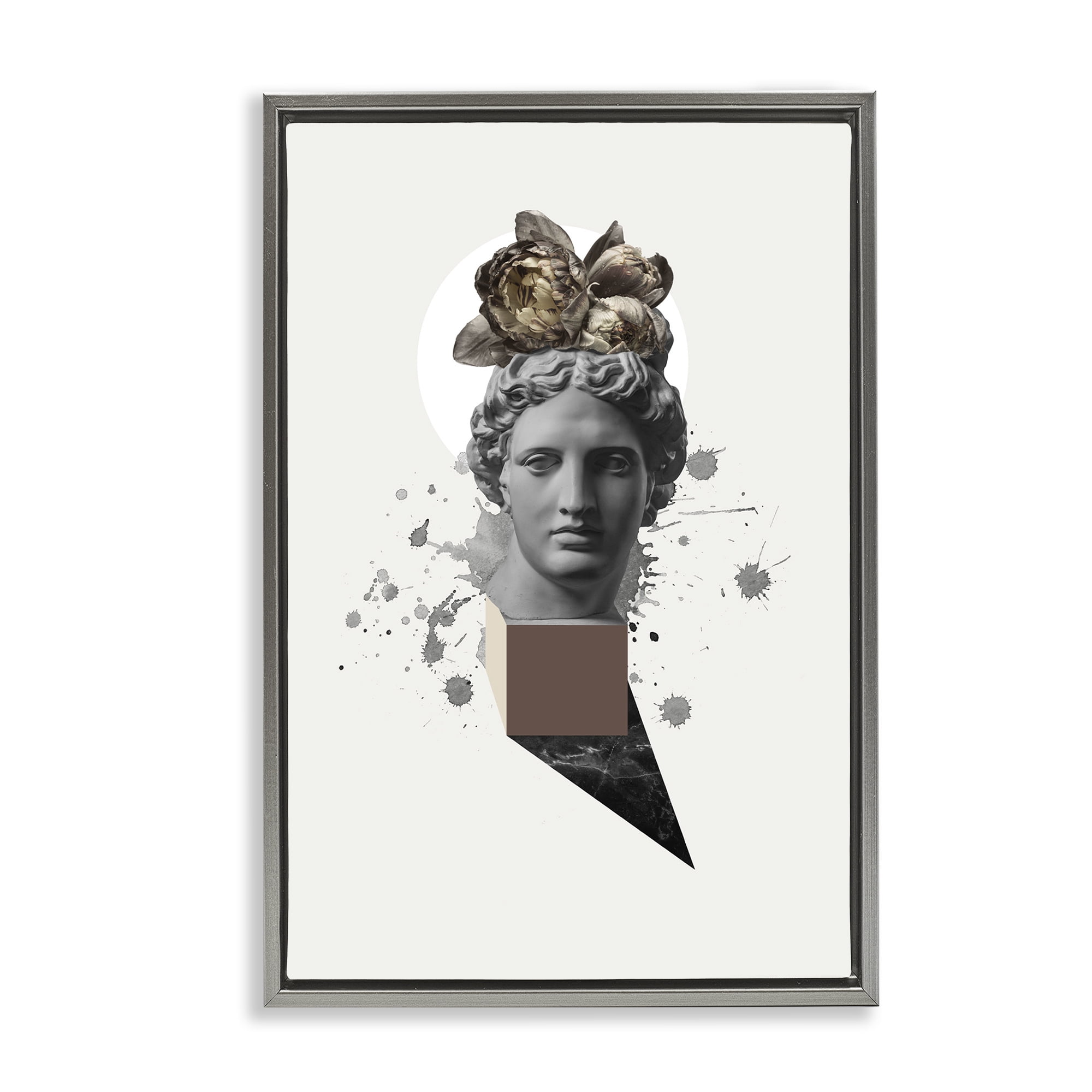 Stupell Industries Modern Statue with Peonies Botanical & Floral Painting Gray Floater Framed Canvas Art Print Wall Art, 17 x 25