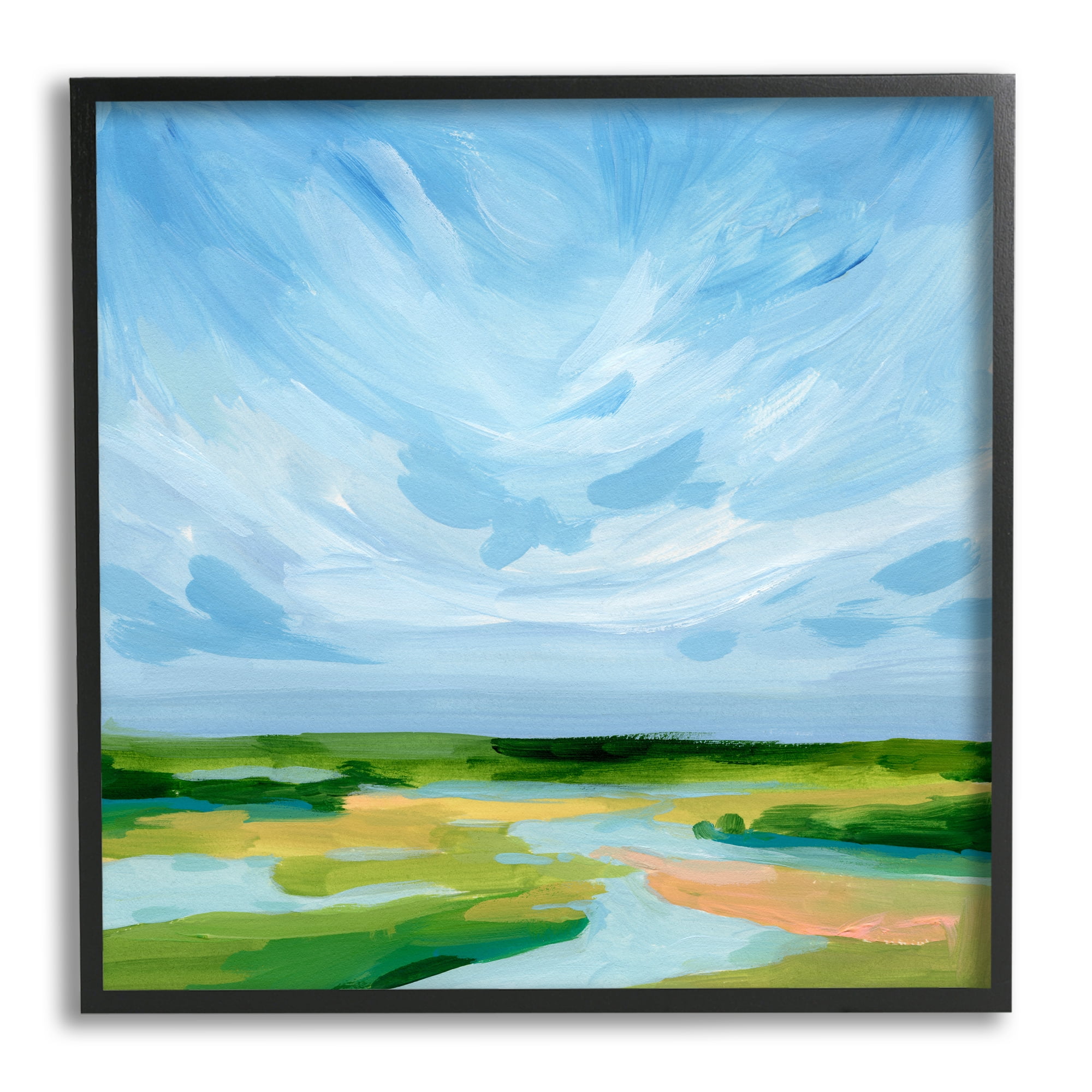 Stupell Industries Modern Stream Landscape Nature Painting Black Framed Art Print Wall Art, 24 x 24