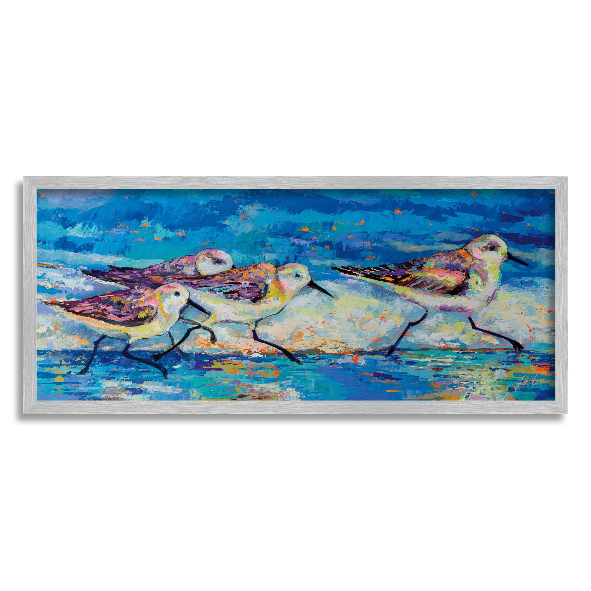 Stupell Industries Modern Street Style Sandpipers Walking Beach Shoreline Painting Gray Framed Art Print Wall Art, Design by Jeanette Vertentes