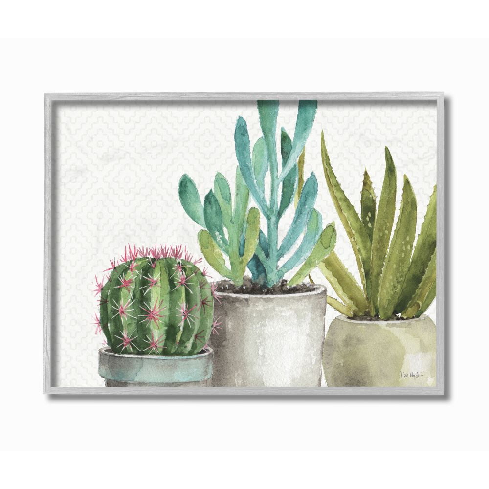 Stupell Industries Modern Succulents Pattern Green Grey Watercolor Painting Gray Farmhouse Rustic Framed Giclee Texturized Art by Lisa Audit