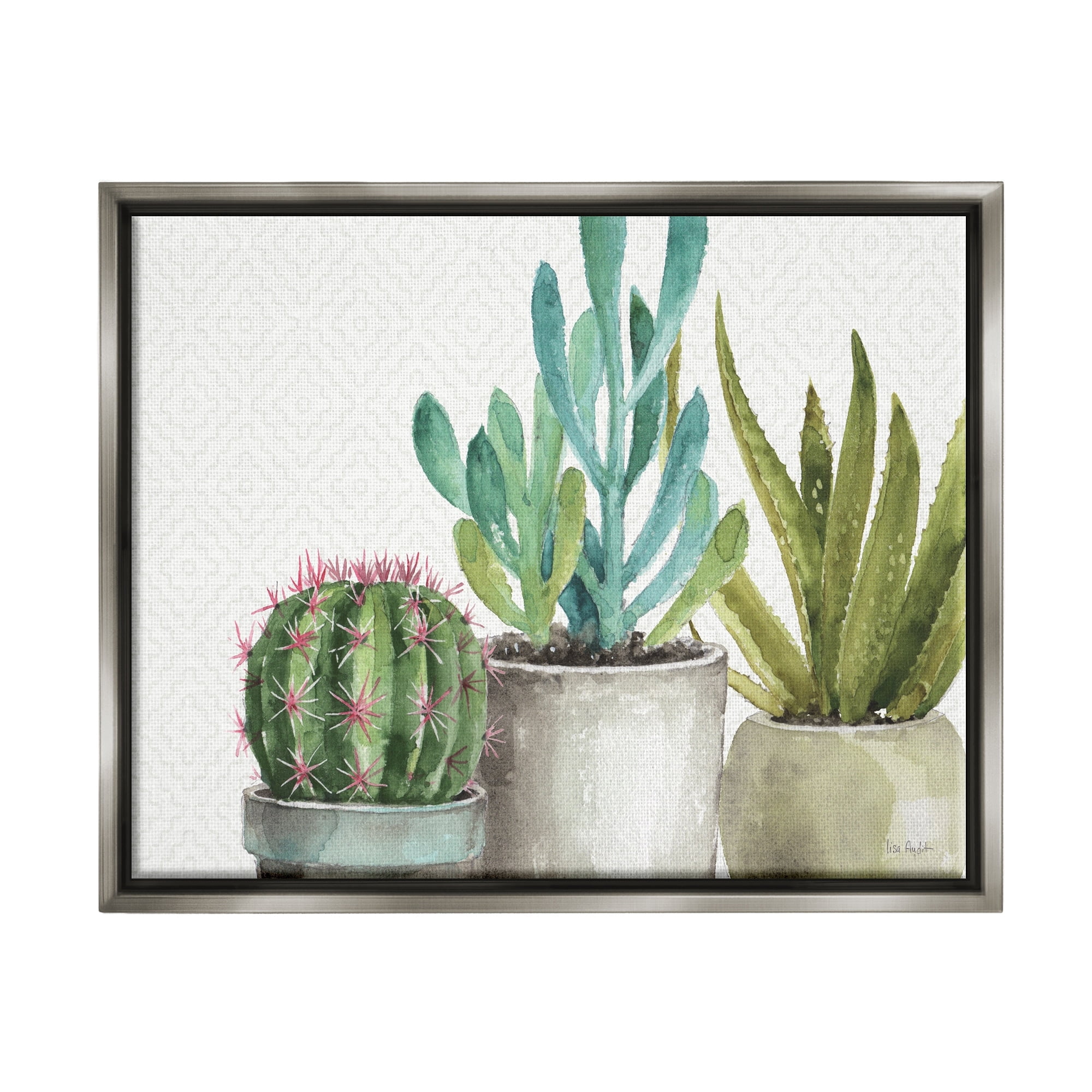 Stupell Industries Modern Succulents Pattern Green Grey Watercolor Painting Luster Gray Framed Floating Canvas Wall Art, 16x20, by Lisa Audit