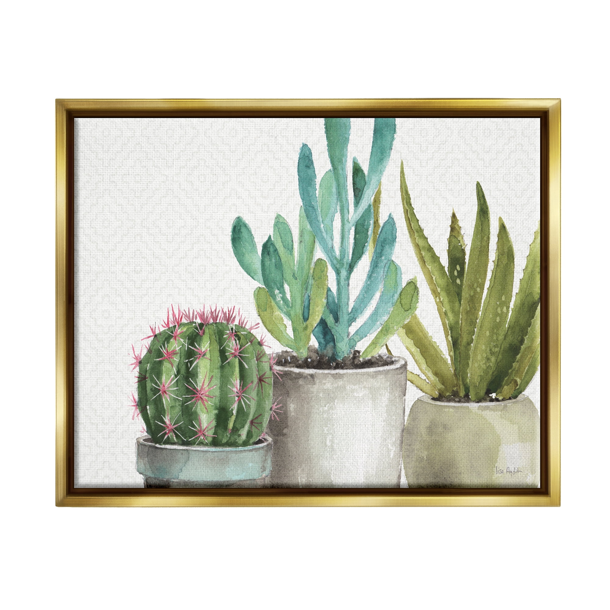 Stupell Industries Modern Succulents Pattern Green Grey Watercolor Painting Metallic Gold Framed Floating Canvas Wall Art, 16x20, by Lisa Audit