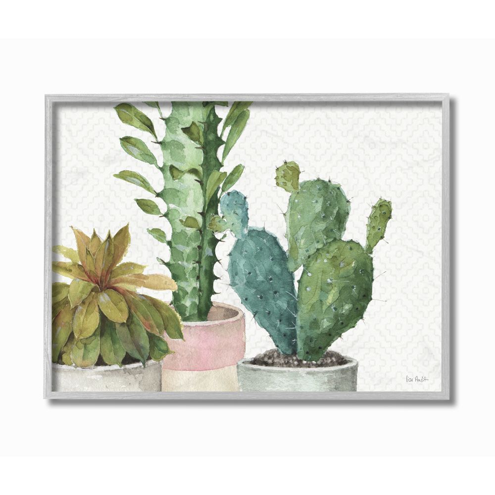 Stupell Industries Modern Succulents Pattern Green Watercolor Painting Gray Farmhouse Rustic Framed Giclee Texturized Art by Lisa Audit