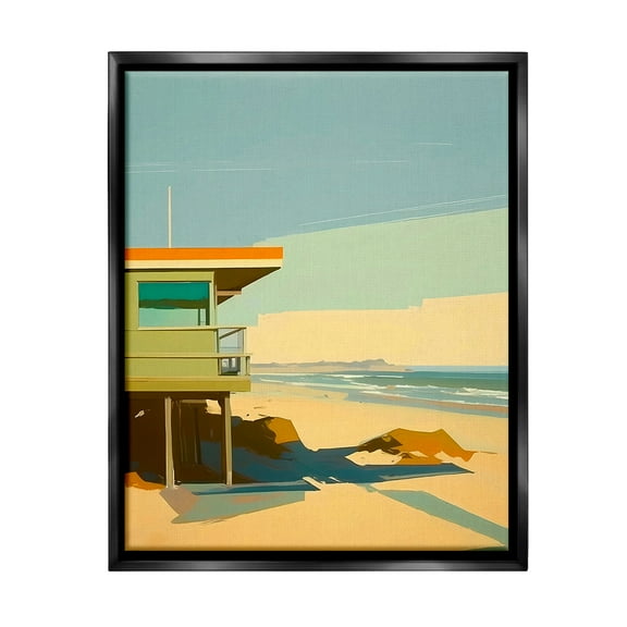 Stupell Industries Modern Sunlit Beach Hut Landscape Painting Black Floater Framed Canvas Art Print Wall Art, 17 x 21