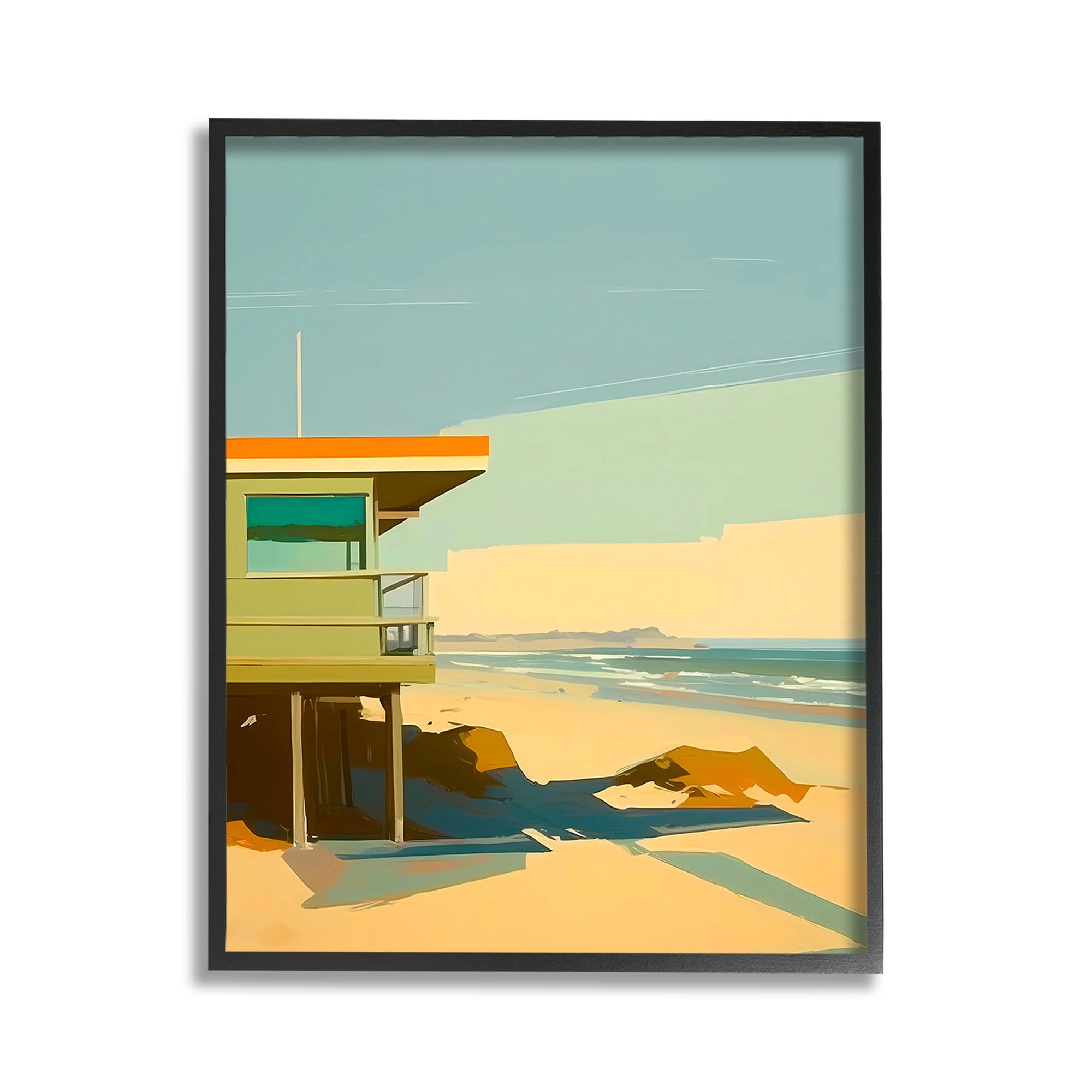 Stupell Industries Modern Sunlit Beach Hut Landscape Painting Black Framed Art Print Wall Art, 11 x 14