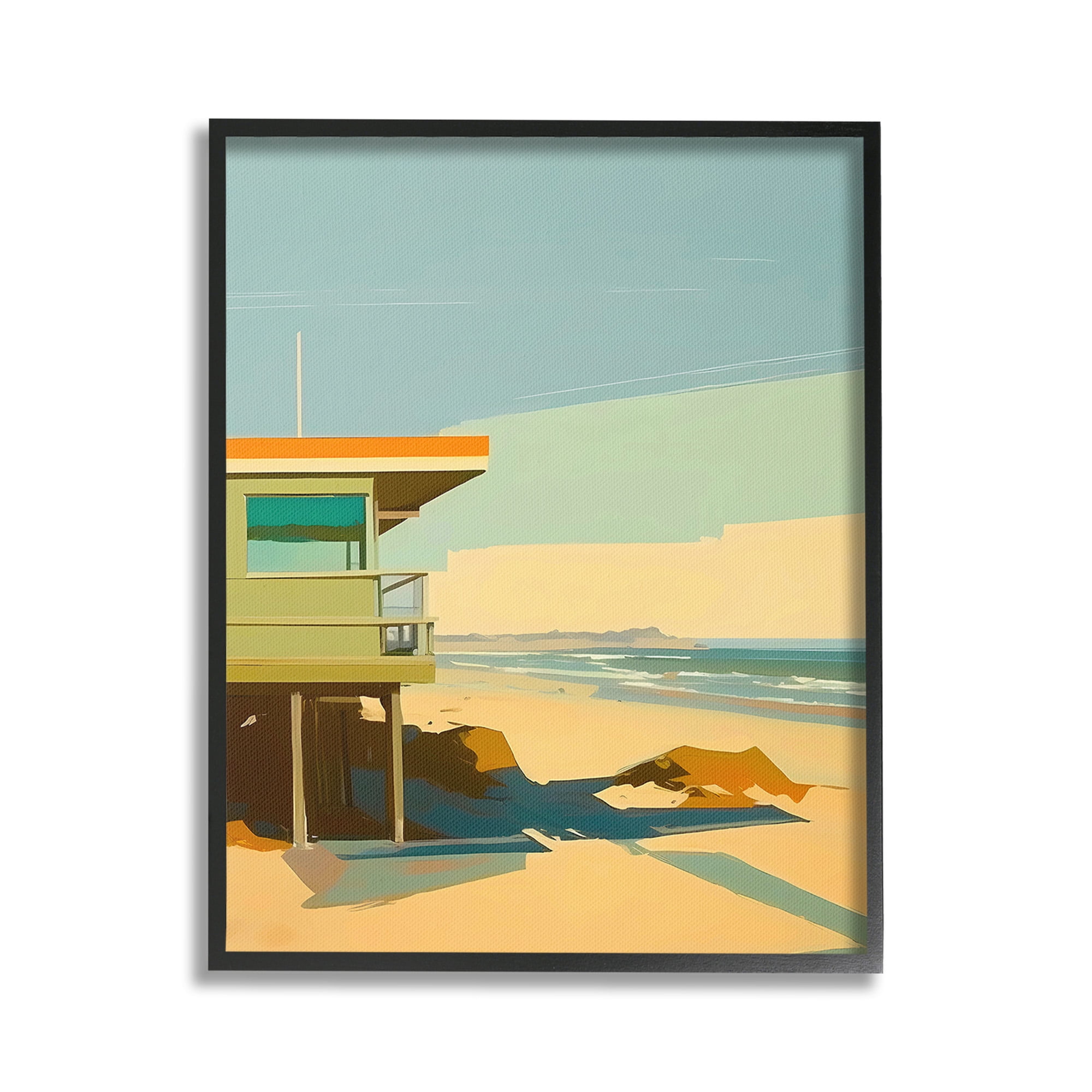 Stupell Industries Modern Sunlit Beach Hut Landscape Painting Black Framed Art Print Wall Art, 16 x 20