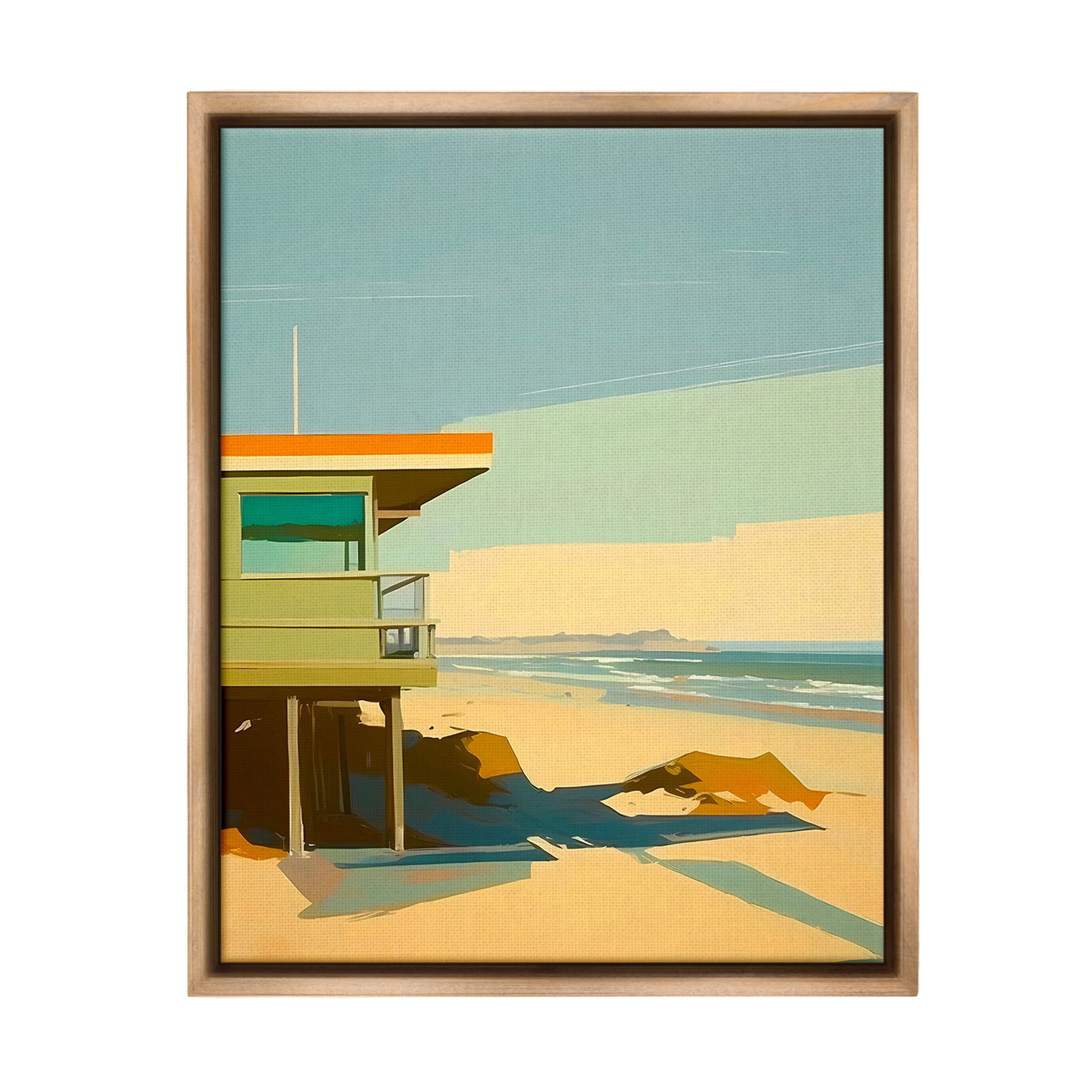 Stupell Industries Modern Sunlit Beach Hut Landscape Painting Brown Floater Framed Canvas Art Print Wall Art, 17 x 21