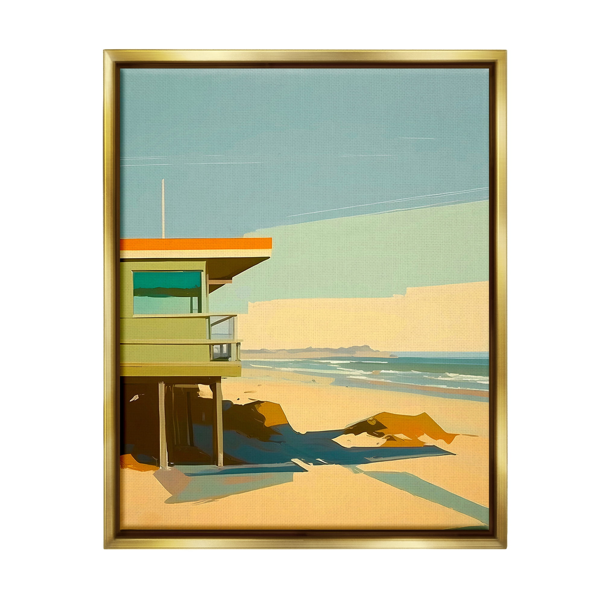 Stupell Industries Modern Sunlit Beach Hut Landscape Painting Gold Floater Framed Canvas Art Print Wall Art, 17 x 21