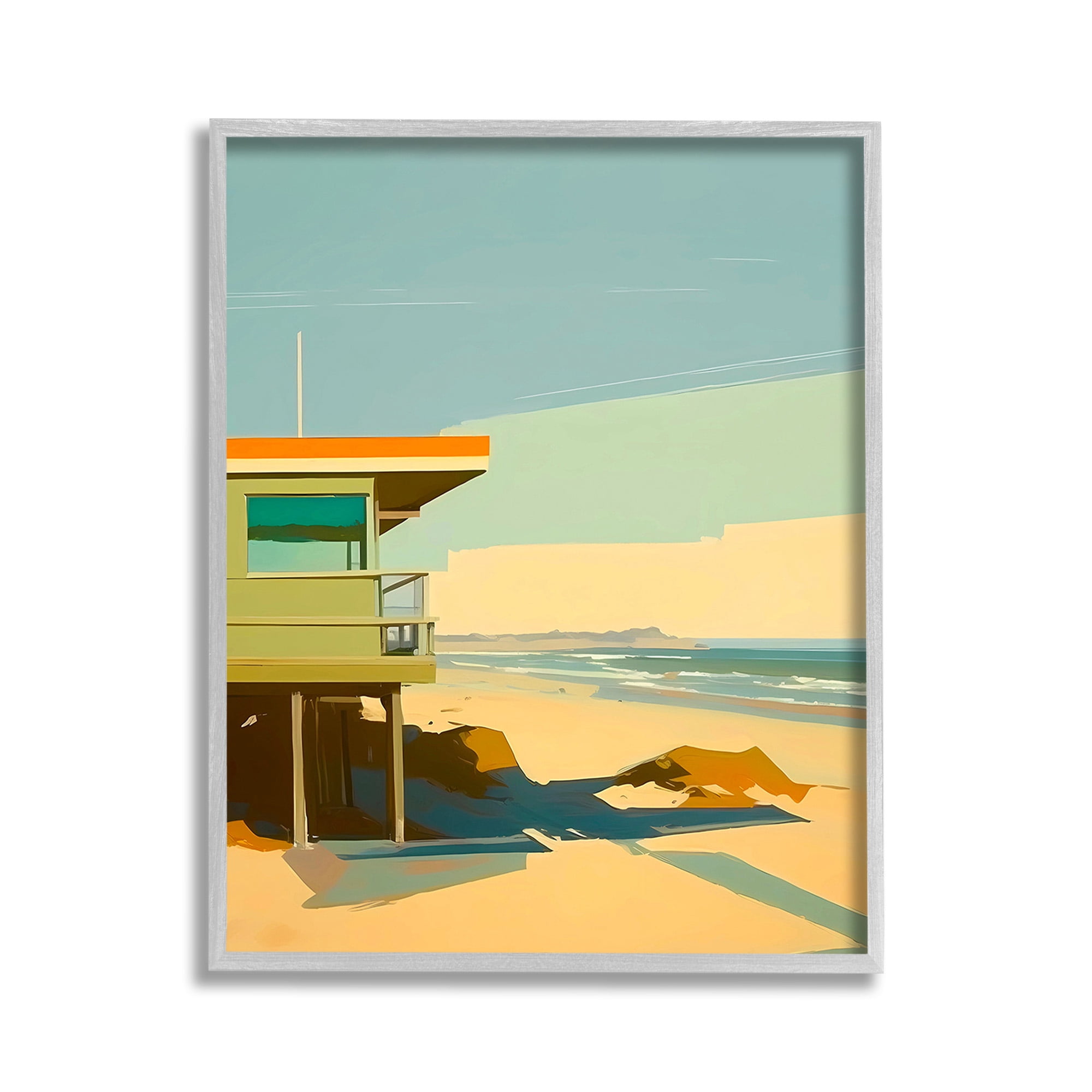 Stupell Industries Modern Sunlit Beach Hut Landscape Painting Gray Framed Art Print Wall Art, 11 x 14