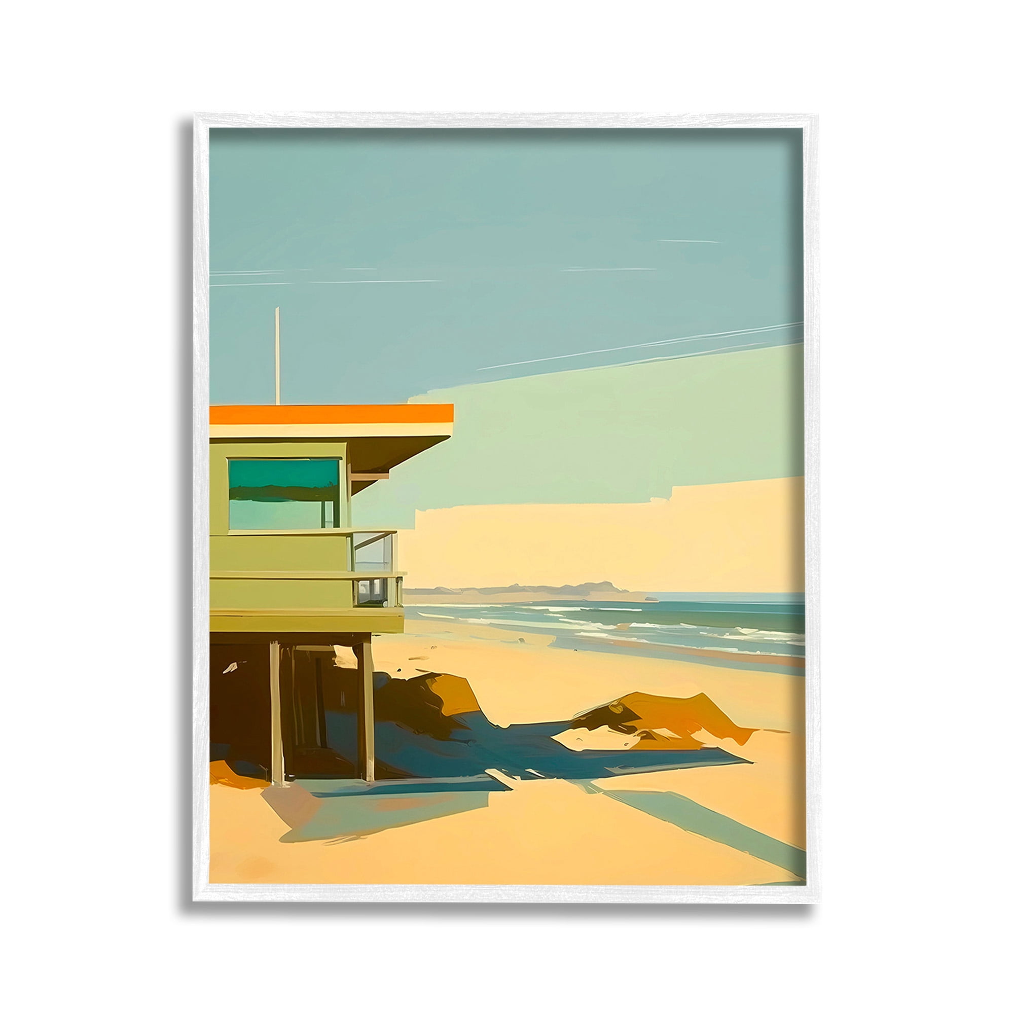 Stupell Industries Modern Sunlit Beach Hut Landscape Painting White Framed Art Print Wall Art, 11 x 14