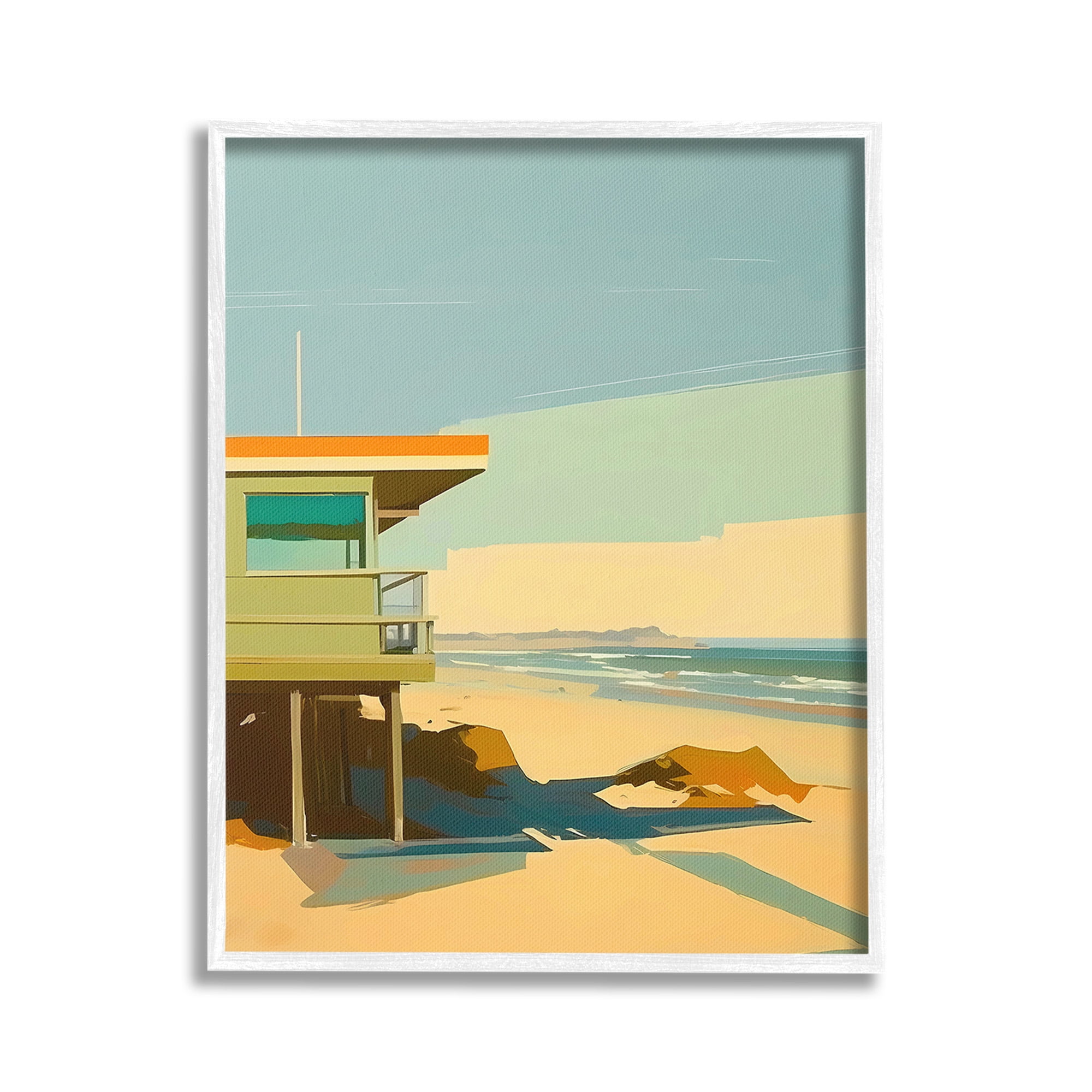 Stupell Industries Modern Sunlit Beach Hut Landscape Painting White Framed Art Print Wall Art, 16 x 20