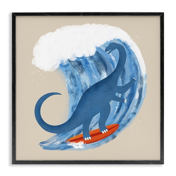 Stupell Industries Modern Surfing Dino Brontosaurus Black Framed Giclee Art, 12 x 12, by Carrie Cantwell