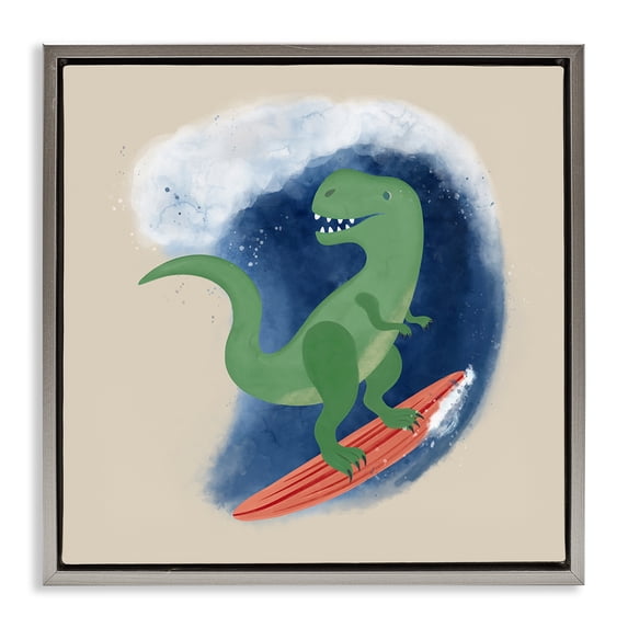 Stupell Industries Modern Surfing Dino T-Rex Gray Floating Frame Canvas Art, 25 x 25, by Carrie Cantwell