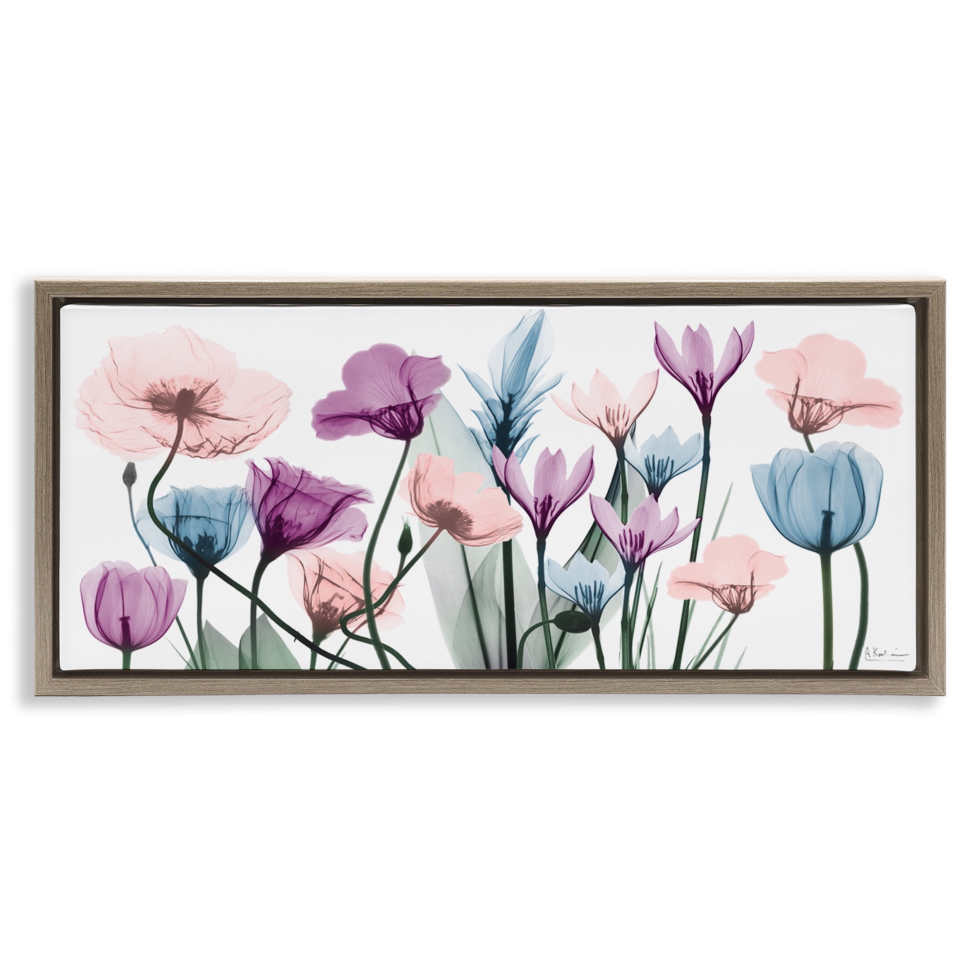 Stupell Industries Modern Translucent Pastel Tulips Botanical & Floral Painting Brown Floater Framed Canvas Art Print Wall Art, 31 x 14