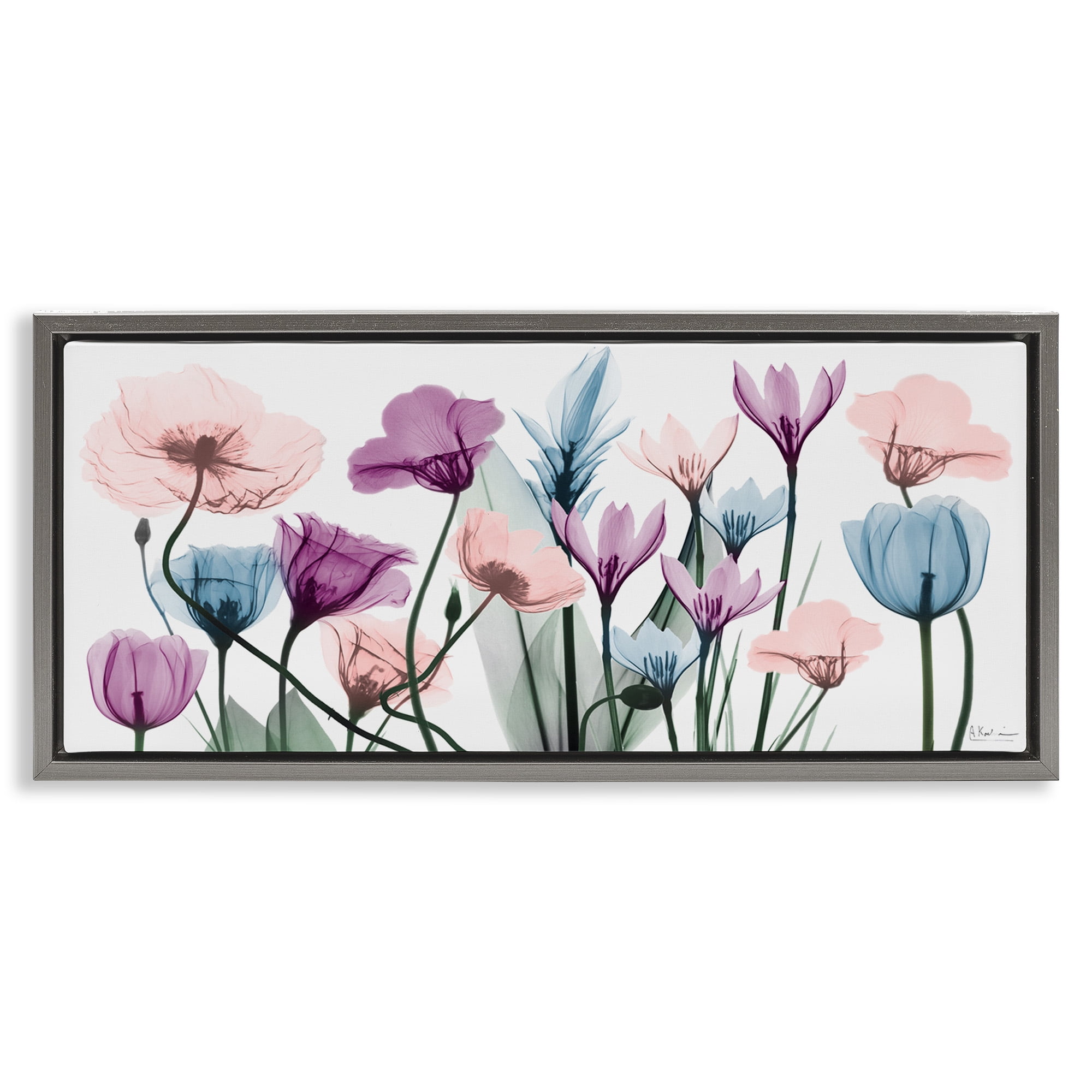 Stupell Industries Modern Translucent Pastel Tulips Botanical & Floral Painting Gray Floater Framed Canvas Art Print Wall Art, 31 x 14