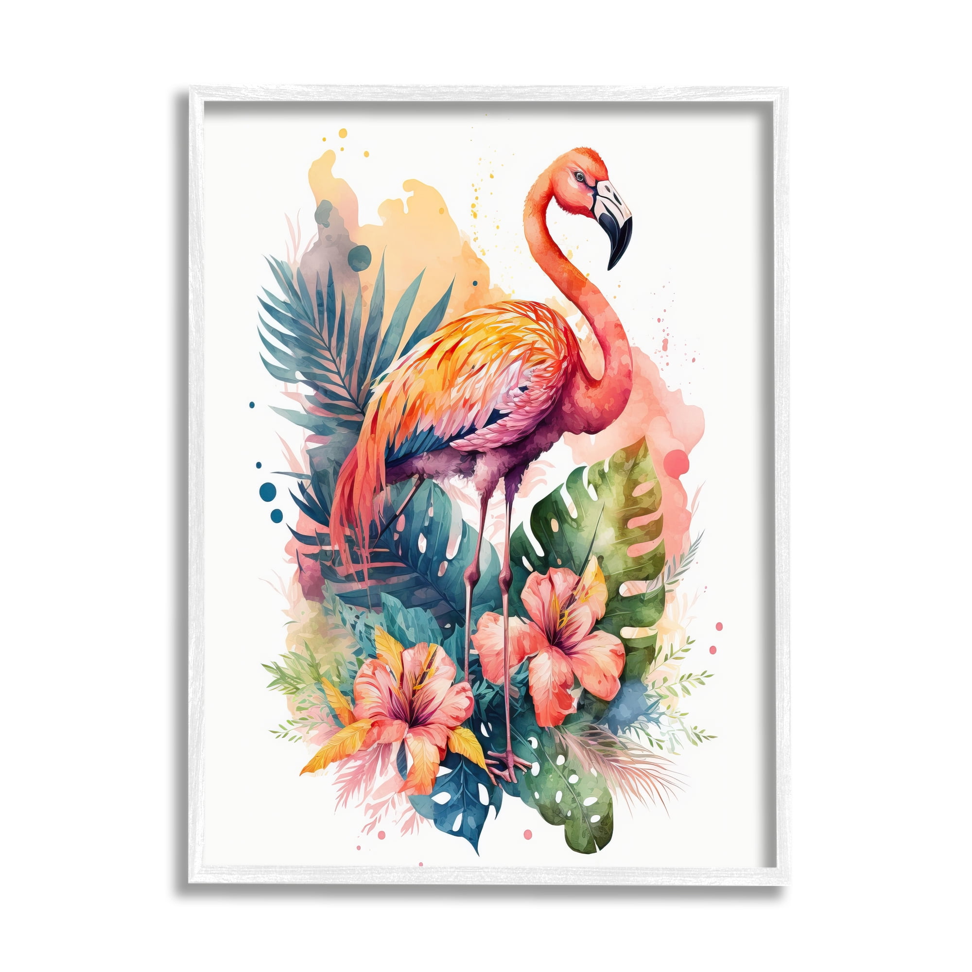 Tropical Flamingo Print on Canvas with White Frame, 11 x 14