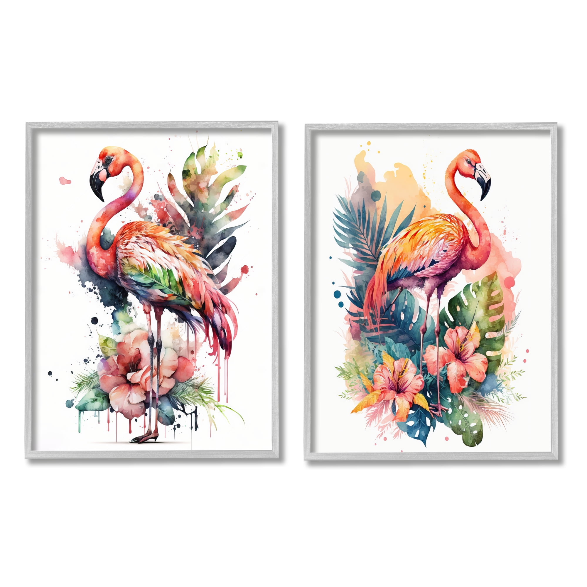 Modern Tropical Flamingos Print on Canvas with Gray Frame
