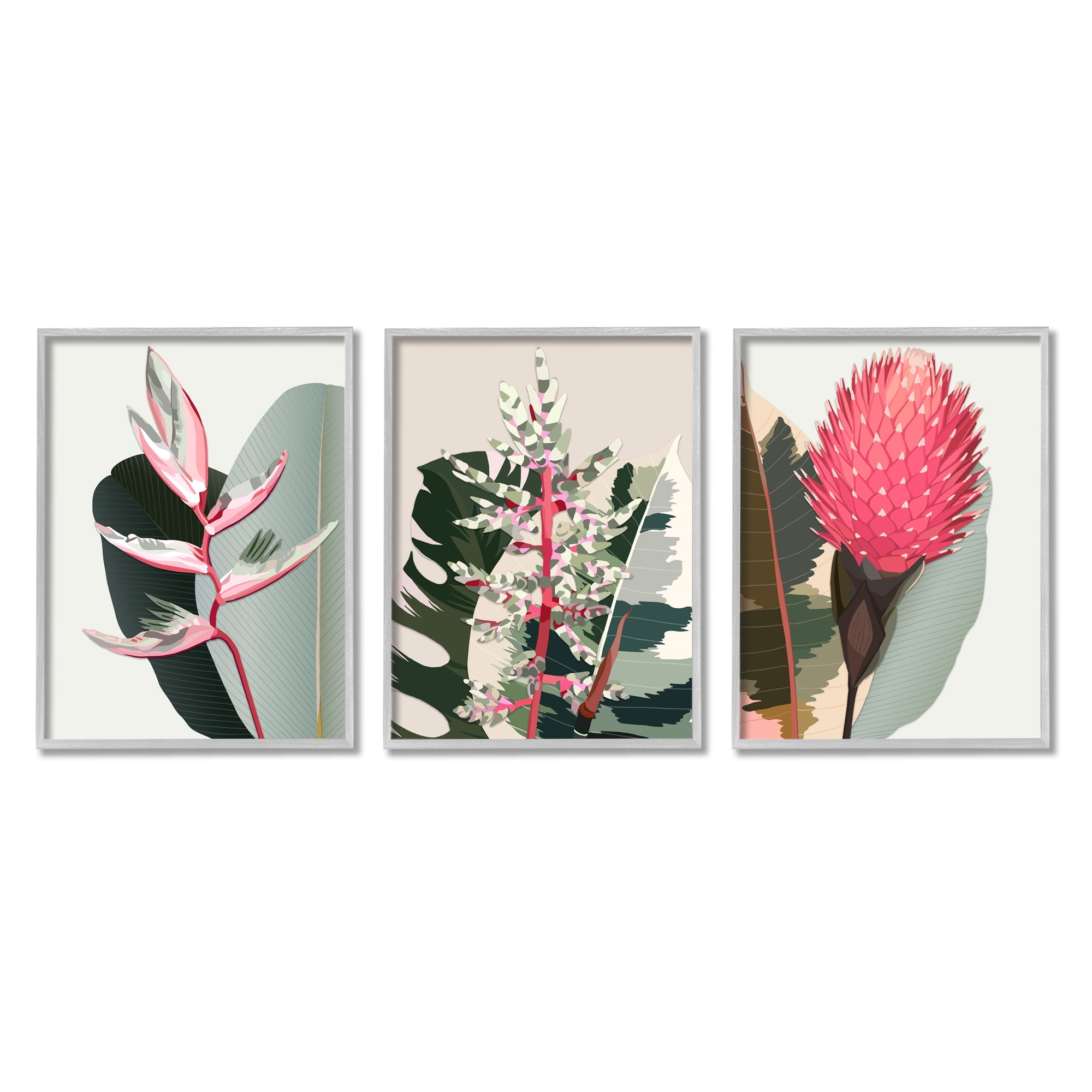 Stupell Industries Modern Tropical Plants Botanical & Floral Painting Gray Framed Art Print Wall Art, 16 x 20, Set of 3