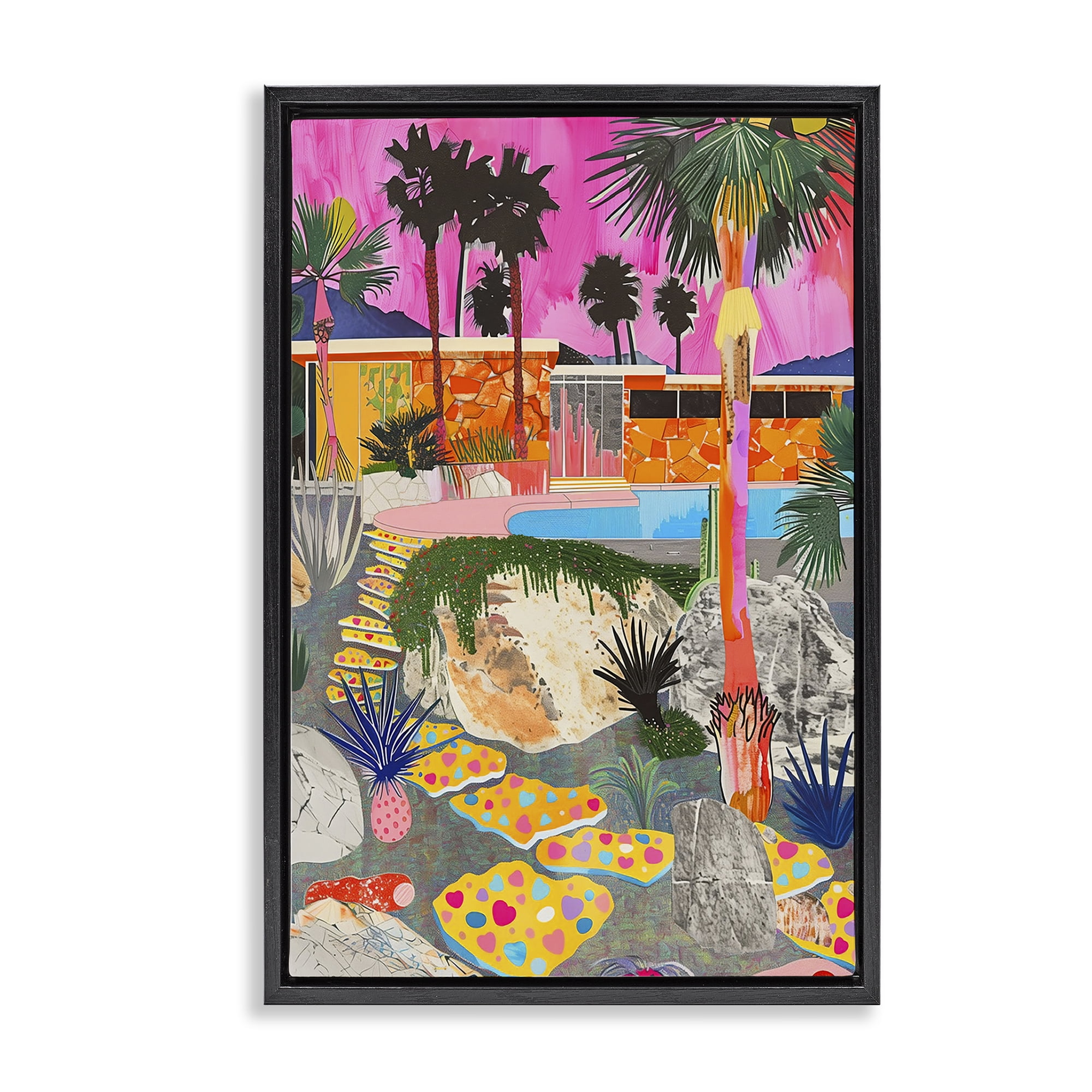 Stupell Industries Modern Tropical Villa Collage Abstract Painting Black Floater Framed Canvas Art Print Wall Art, 21 x 31