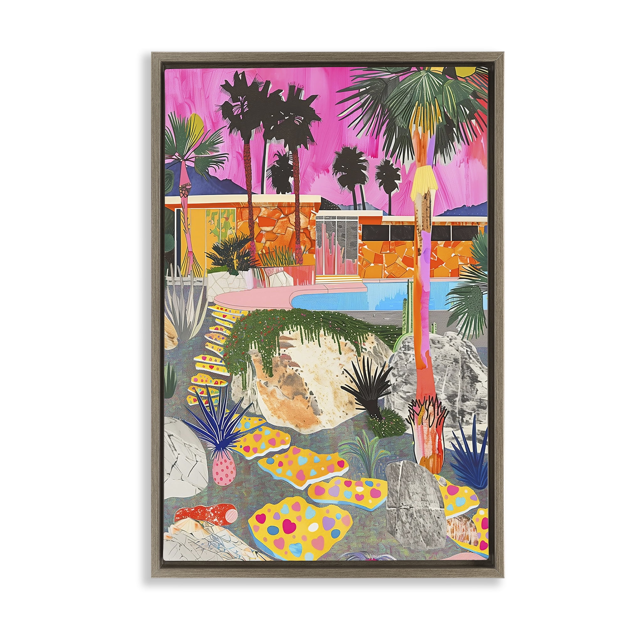 Stupell Industries Modern Tropical Villa Collage Abstract Painting Brown Floater Framed Canvas Art Print Wall Art, 17 x 25