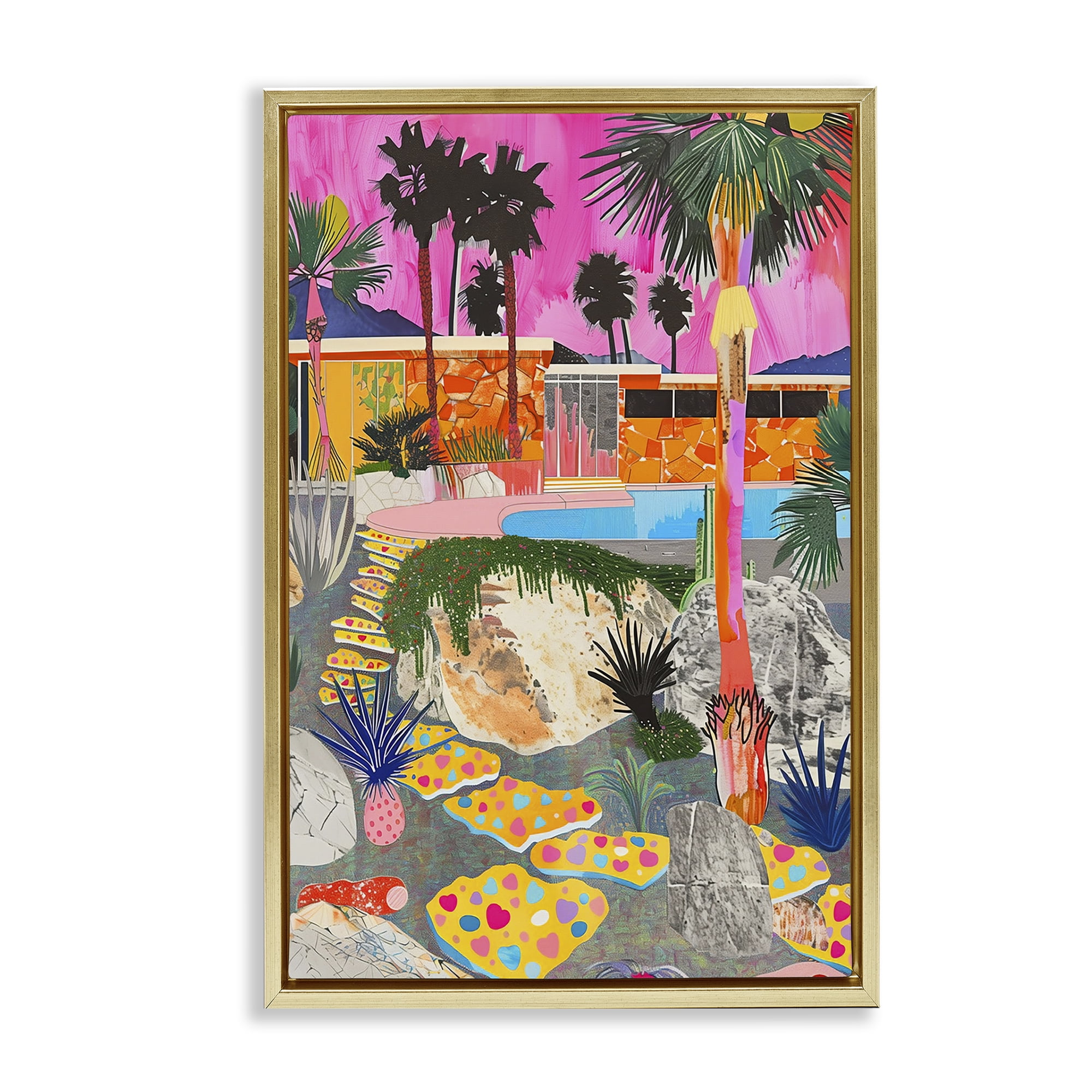 Stupell Industries Modern Tropical Villa Collage Abstract Painting Gold Floater Framed Canvas Art Print Wall Art, 17 x 25