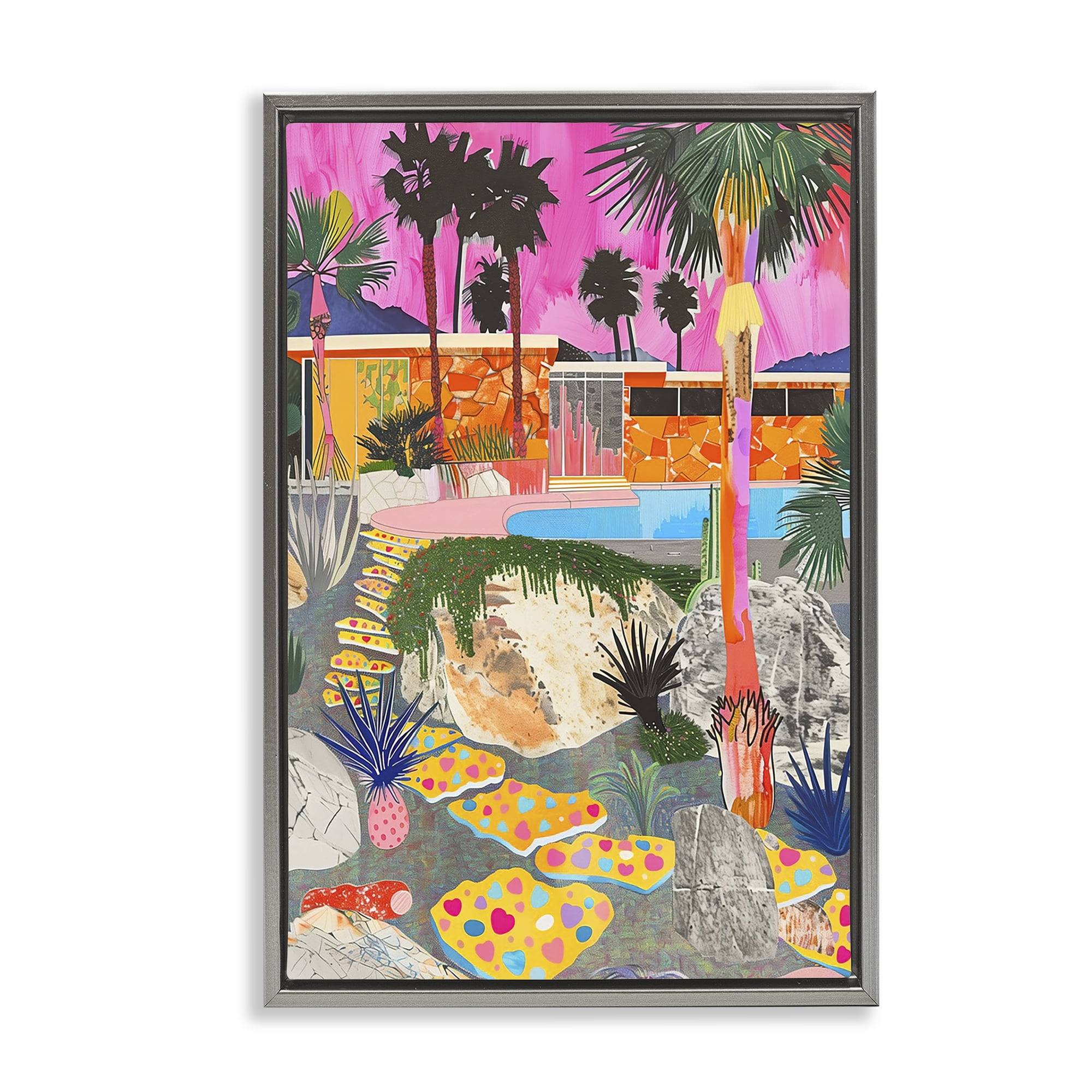 Stupell Industries Modern Tropical Villa Collage Abstract Painting Gray Floater Framed Canvas Art Print Wall Art, 21 x 31