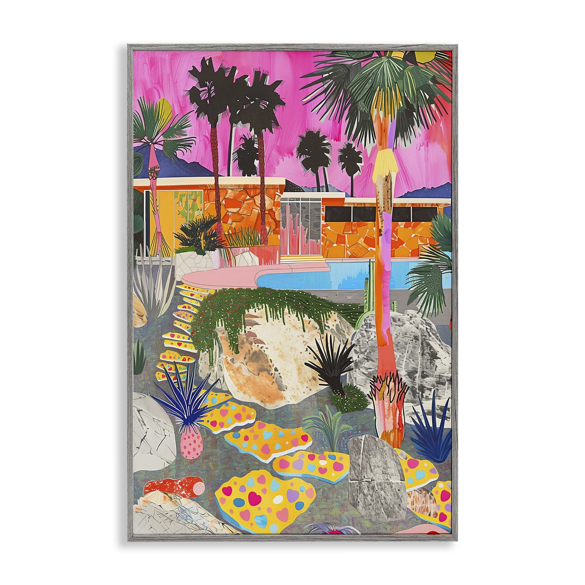 Stupell Industries Modern Tropical Villa Collage Abstract Painting Gray Framed Art Print Wall Art, 20 x 30