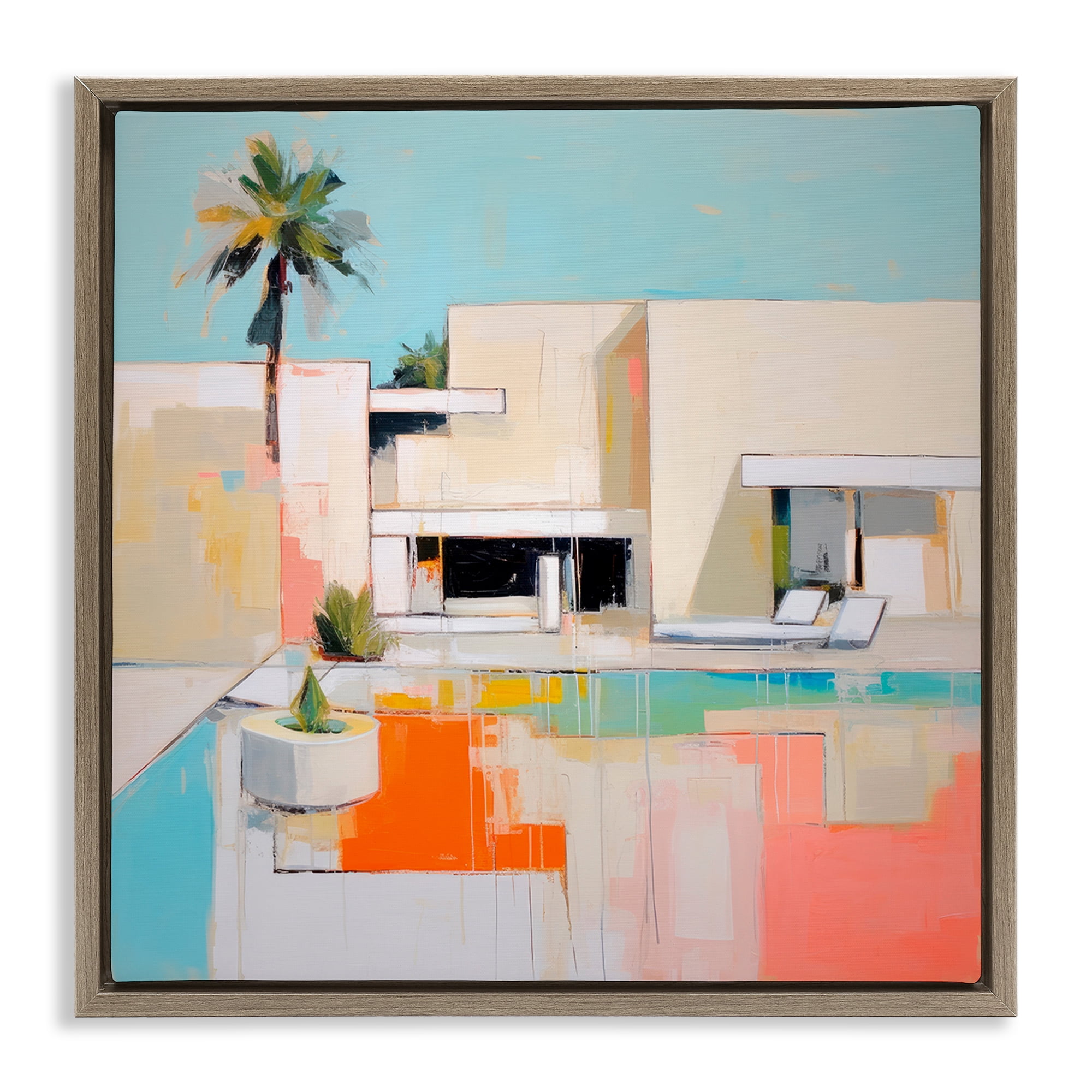 Stupell Industries Modern Tropical Villa Town & City Painting Brown Floater Framed Canvas Art Print Wall Art, 25 x 25