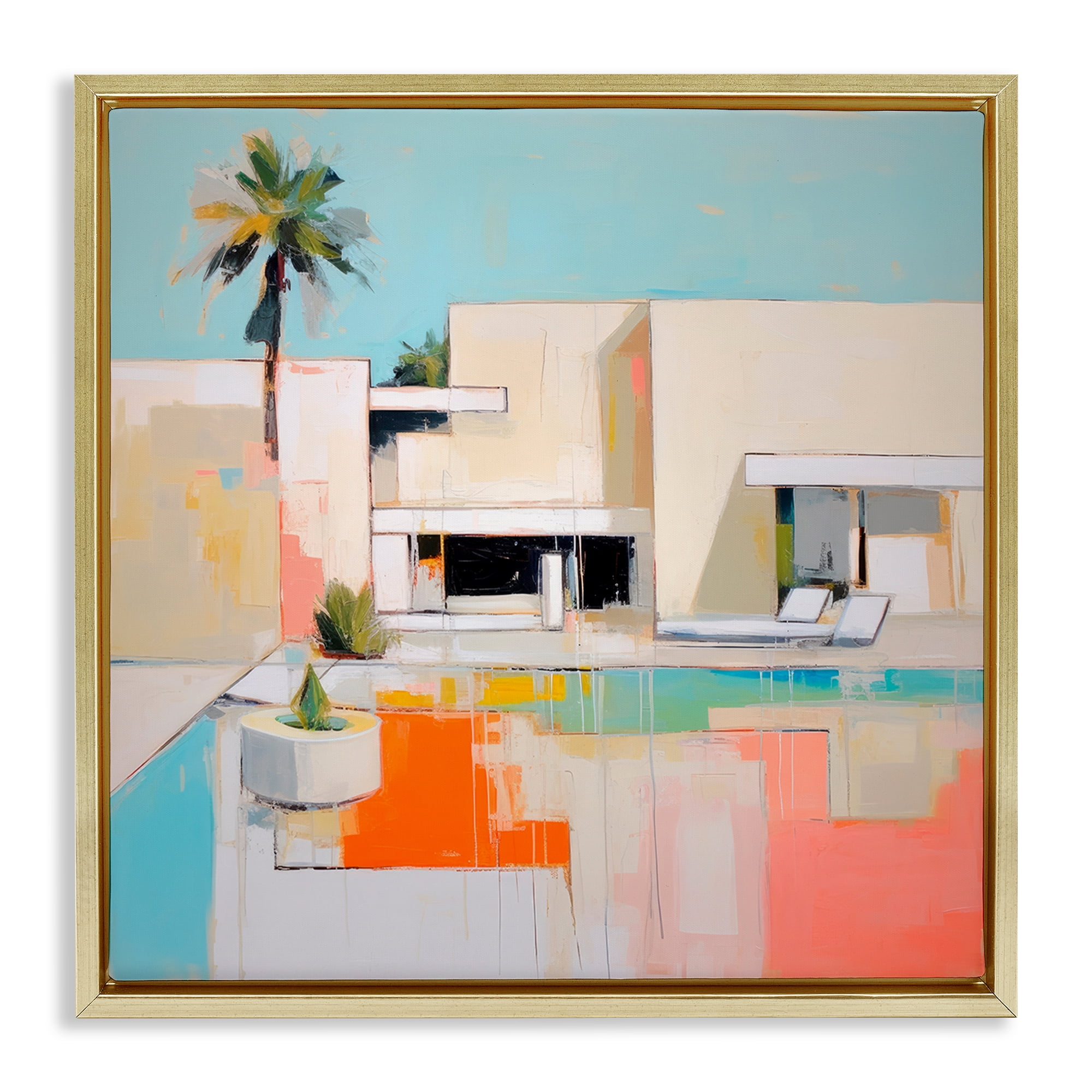 Stupell Industries Modern Tropical Villa Town & City Painting Gold Floater Framed Canvas Art Print Wall Art, 18 x 18