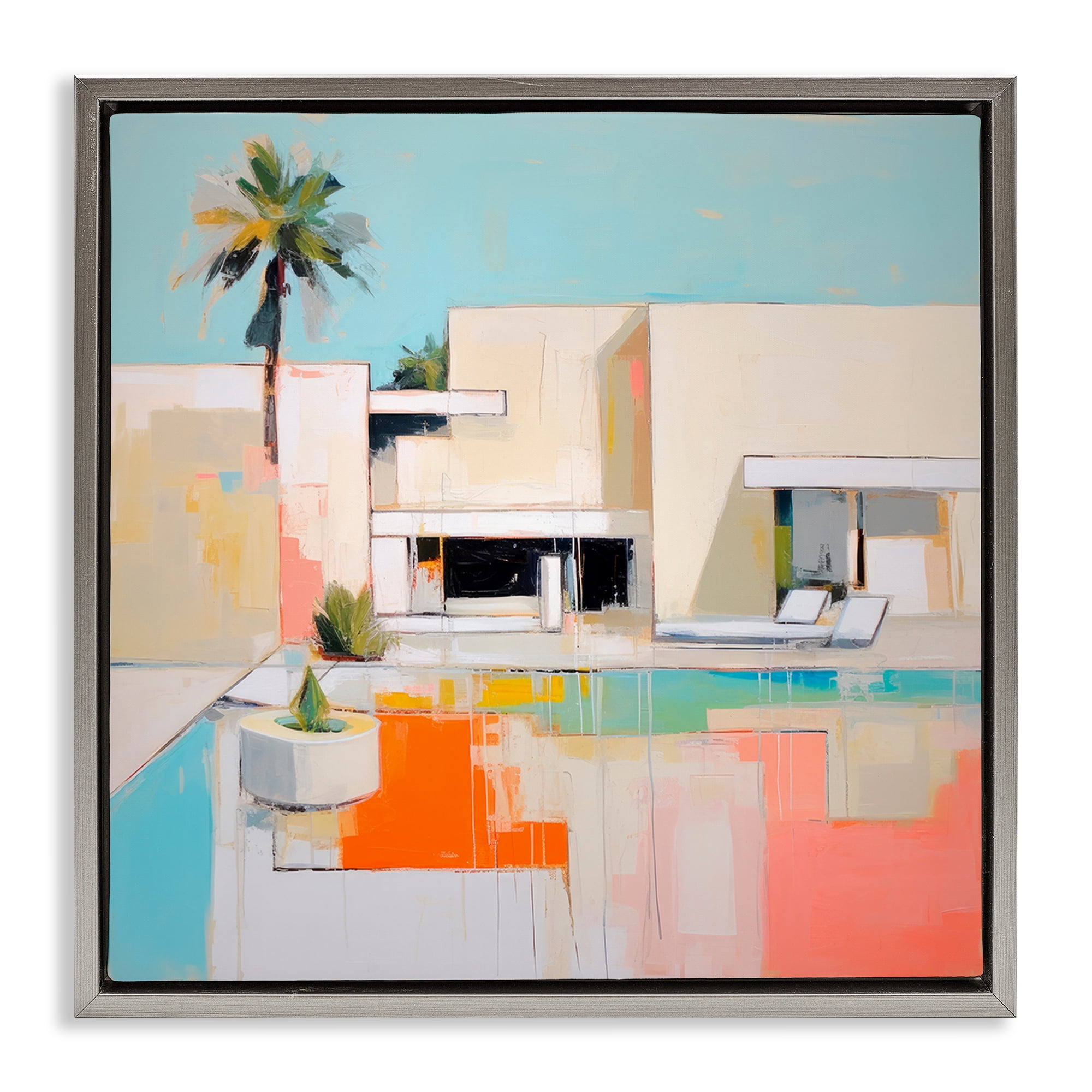 Stupell Industries Modern Tropical Villa Town & City Painting Gray Floater Framed Canvas Art Print Wall Art, 18 x 18