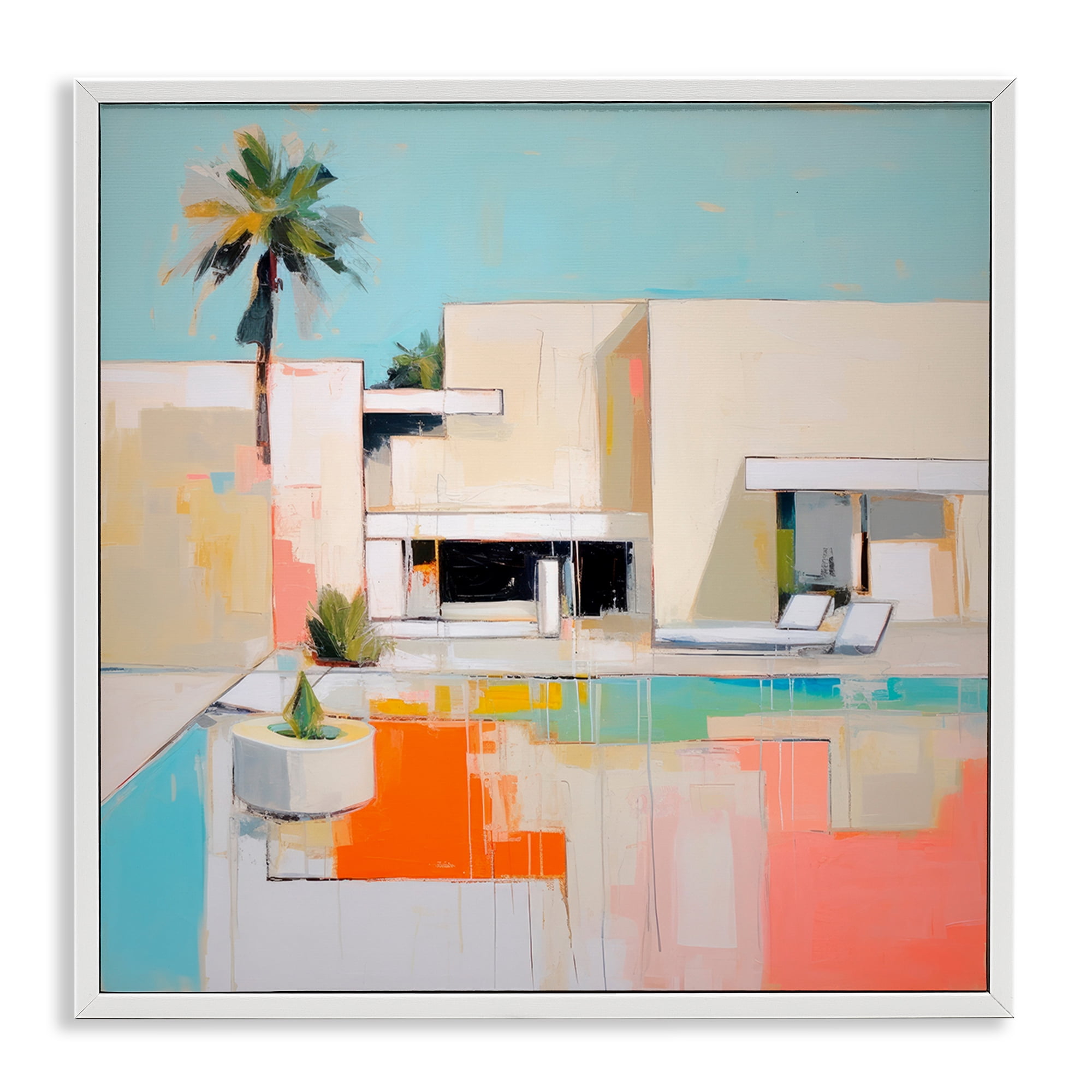 Stupell Industries Modern Tropical Villa Town & City Painting White Framed Art Print Wall Art, 17 x 17