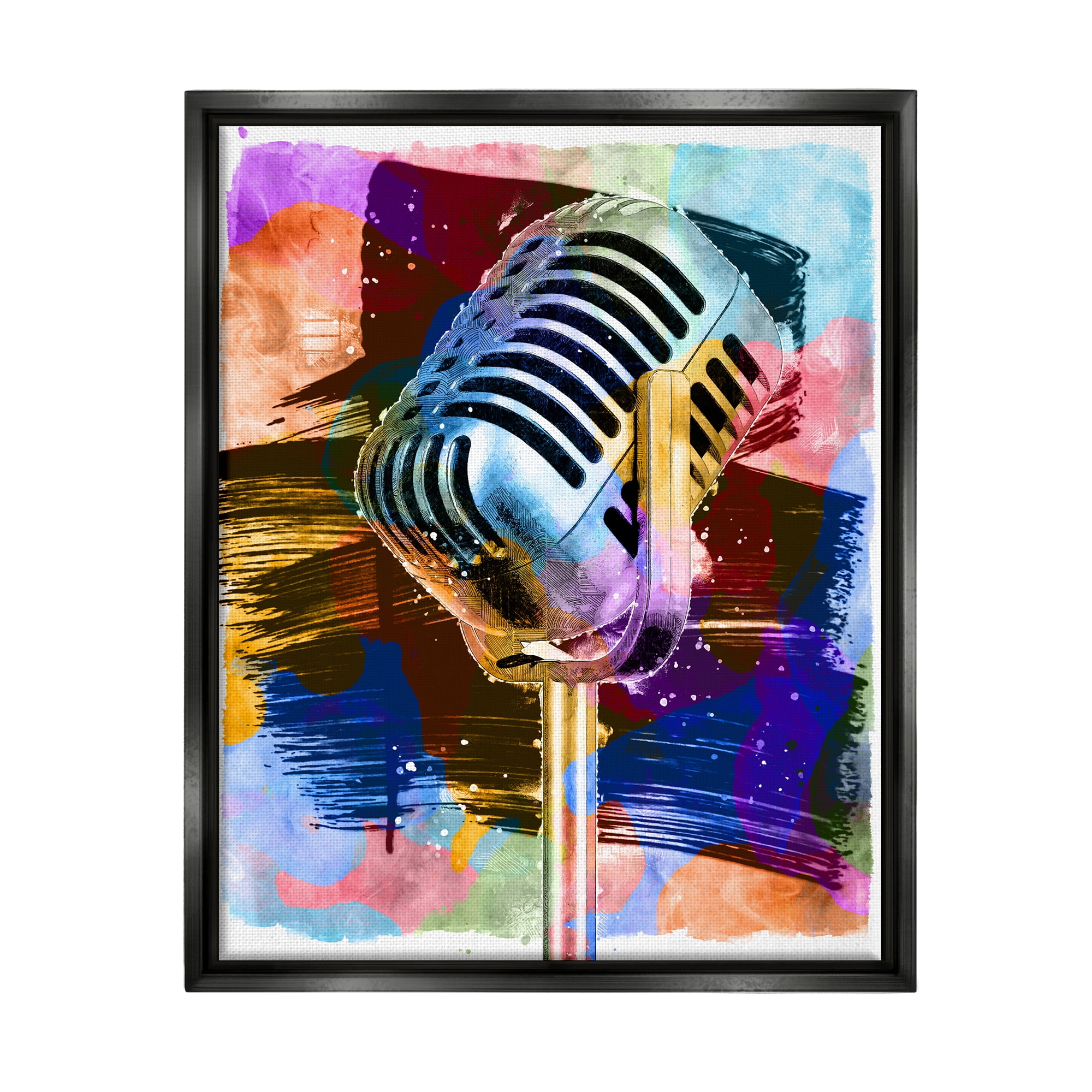 Stupell Industries Modern Vivid Microphone Performing Arts Painting Black Floater Framed Canvas Art Print Wall Art, 17 x 21