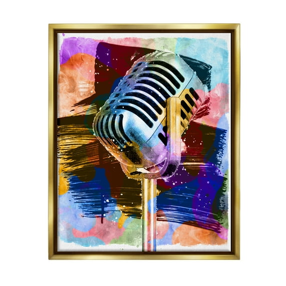 Stupell Industries Modern Vivid Microphone Performing Arts Painting Gold Floater Framed Canvas Art Print Wall Art, 17 x 21