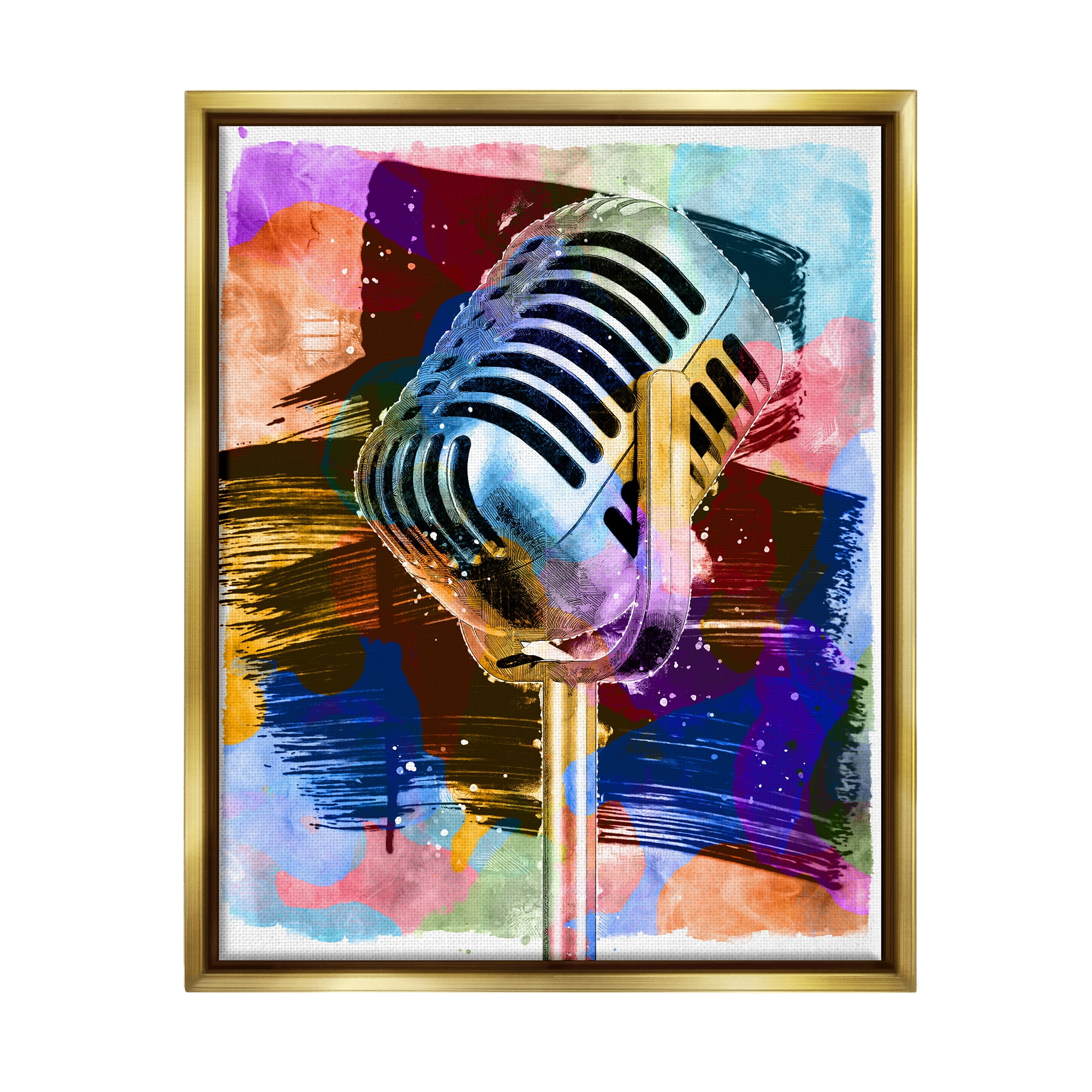 Stupell Industries Modern Vivid Microphone Performing Arts Painting Gold Floater Framed Canvas Art Print Wall Art, 25 x 31