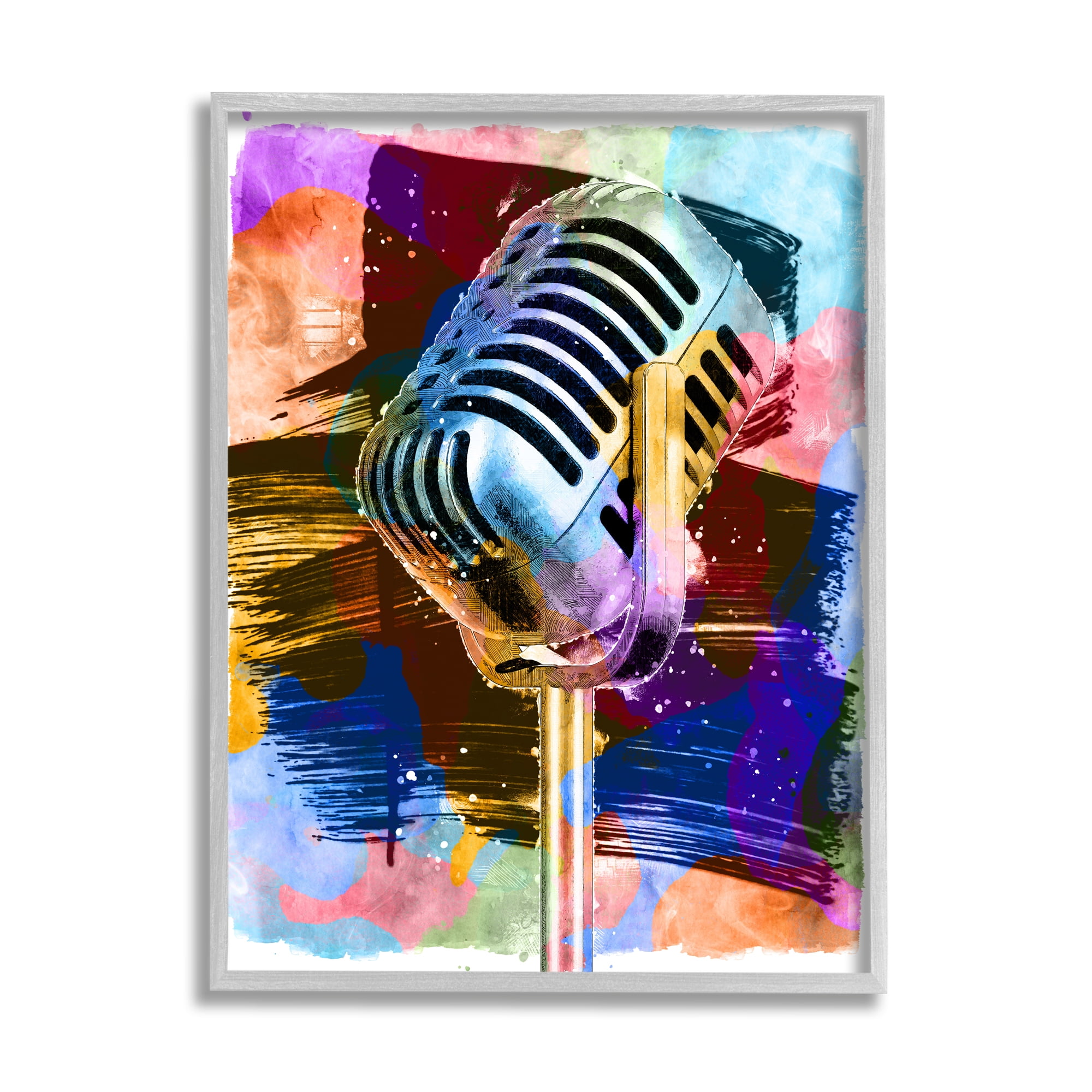 Stupell Industries Modern Vivid Microphone Performing Arts Painting Gray Framed Art Print Wall Art, 24 x 30