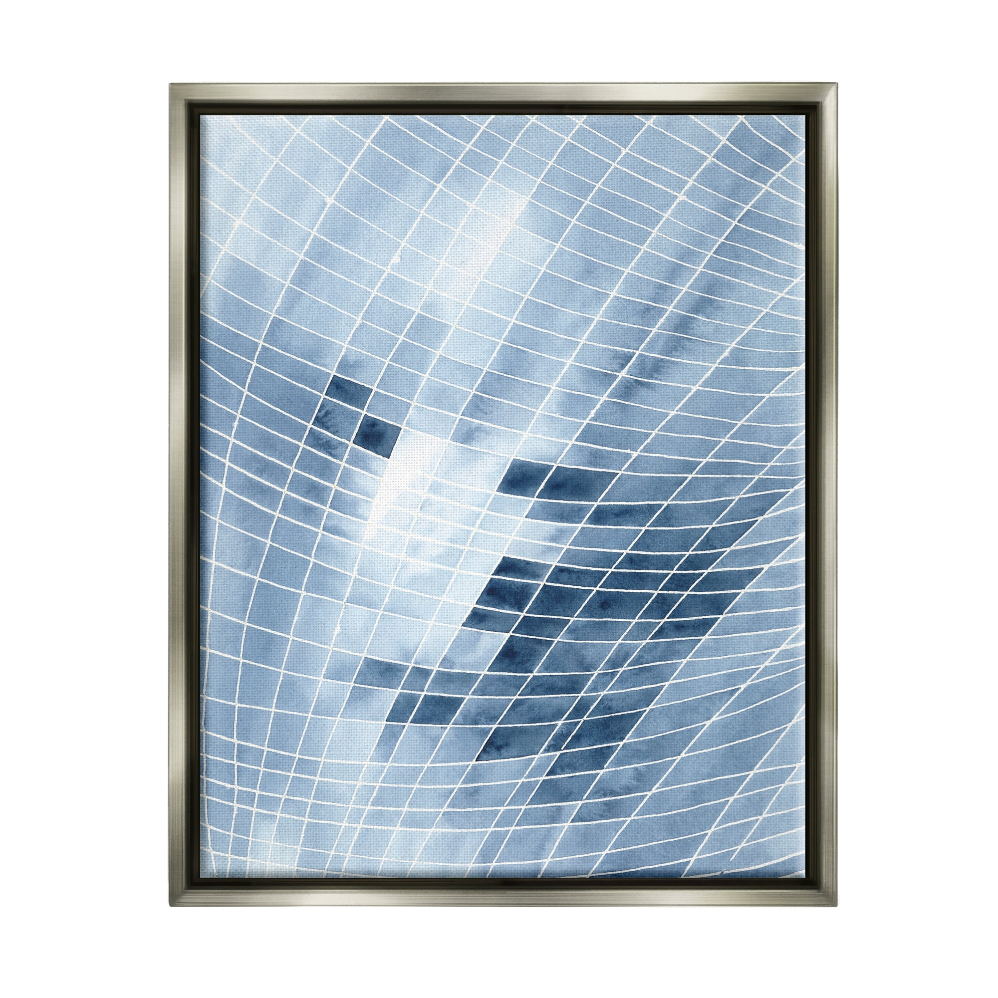 Stupell Industries Modern Warped Blue Square Shapes White Lines Painting Luster Gray Floating Framed Canvas Print Wall Art, Design by Regina Moore