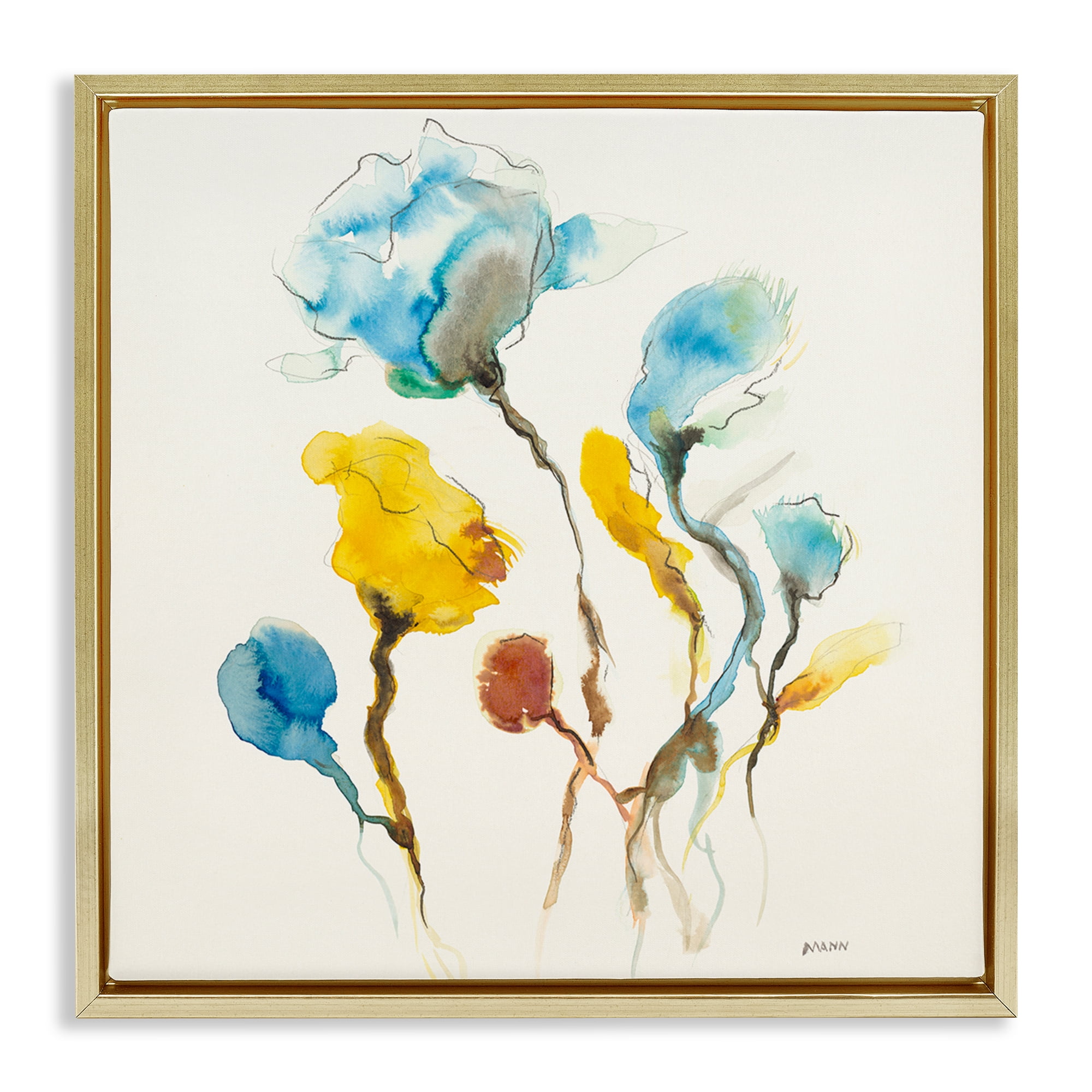 Stupell Industries Modern Watercolor Blooms Abstract Painting Gold Floater Framed Canvas Art Print Wall Art, 25 x 25