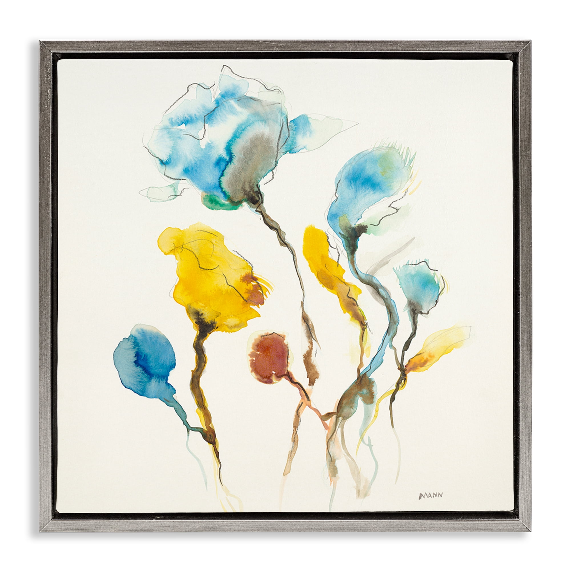 Stupell Industries Modern Watercolor Blooms Abstract Painting Gray Floater Framed Canvas Art Print Wall Art, 18 x 18