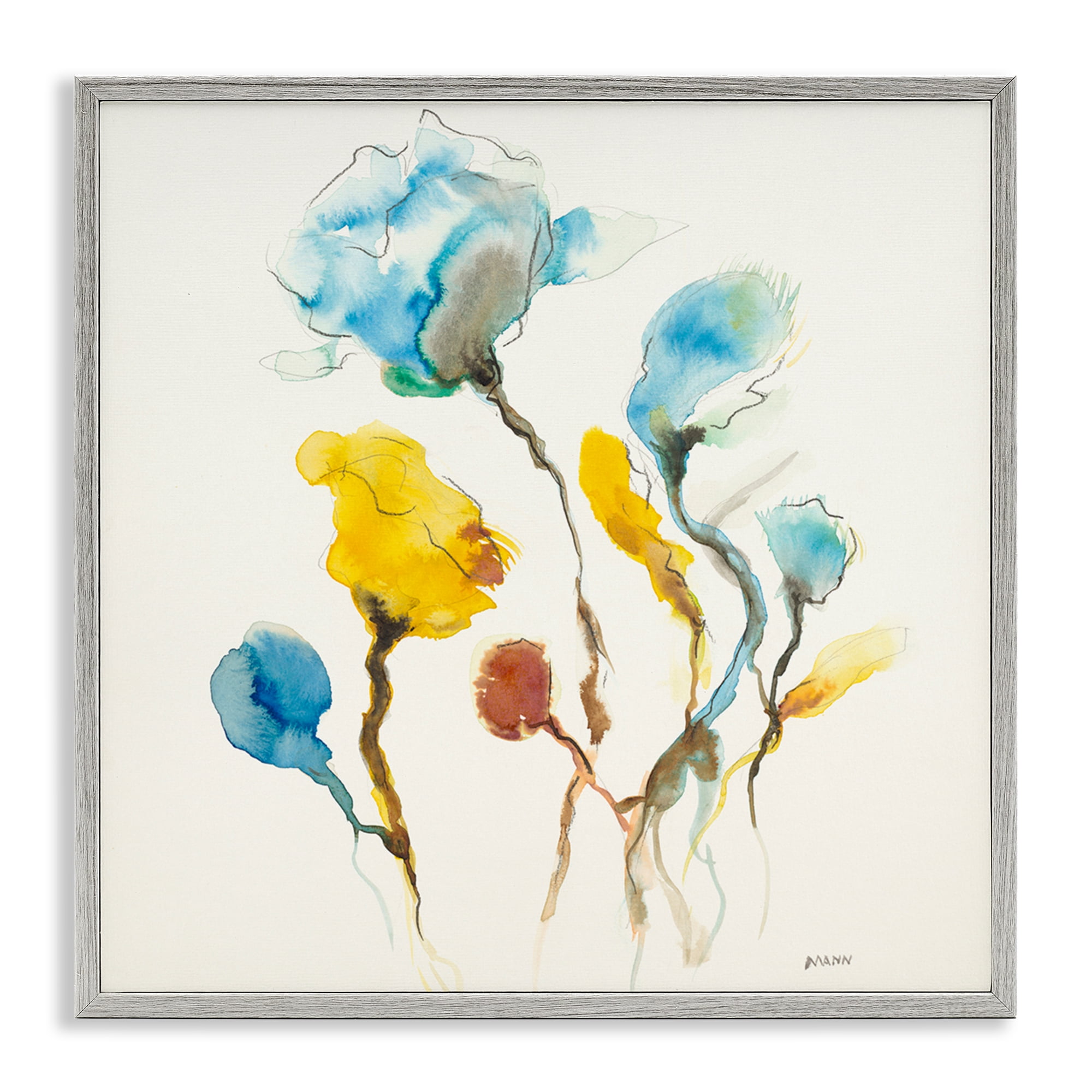 Stupell Industries Modern Watercolor Blooms Abstract Painting Gray Framed Art Print Wall Art, 17 x 17