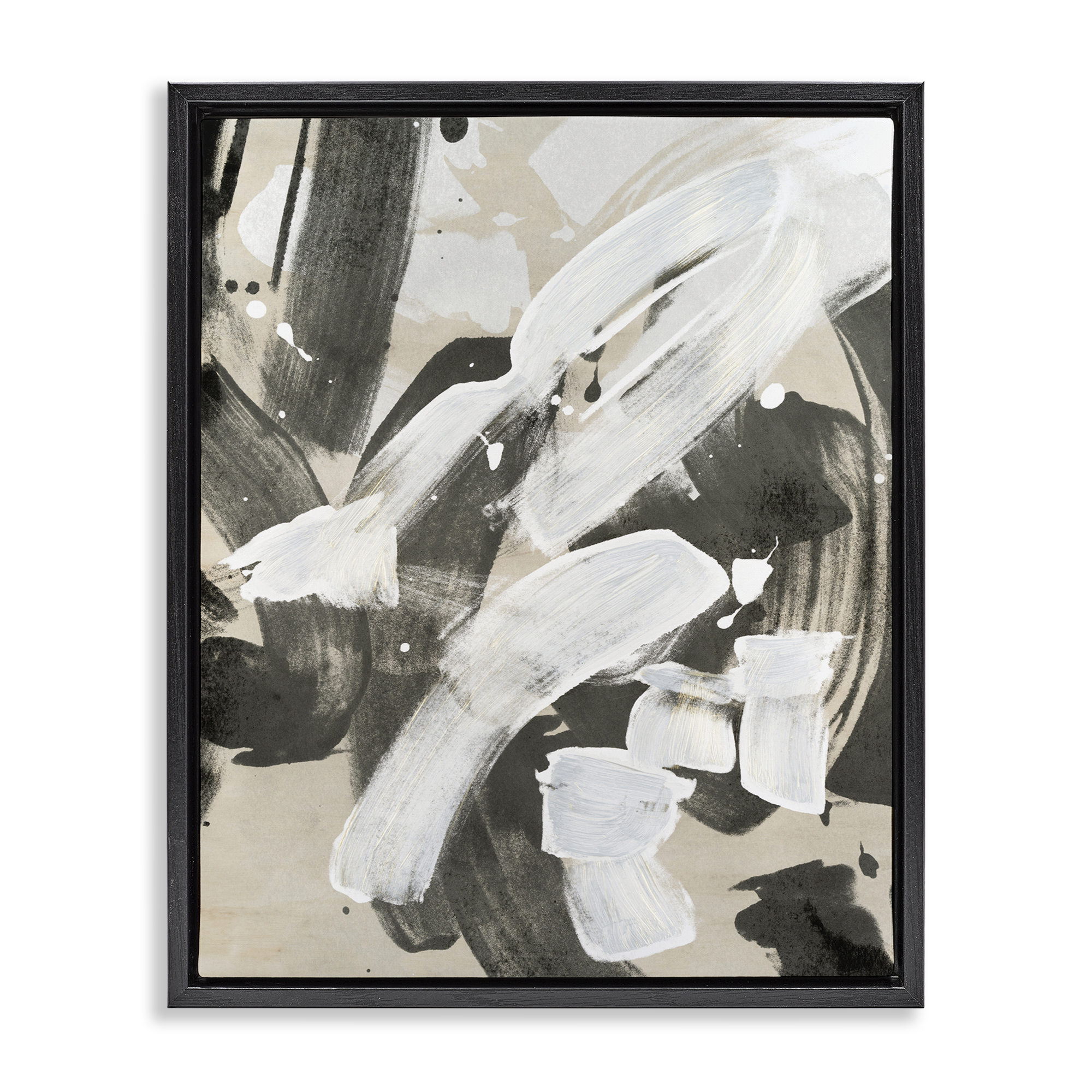 Stupell Industries Modern White Brush Stroke Abstract Painting Black Floater Framed Canvas Art Print Wall Art, 25 x 31