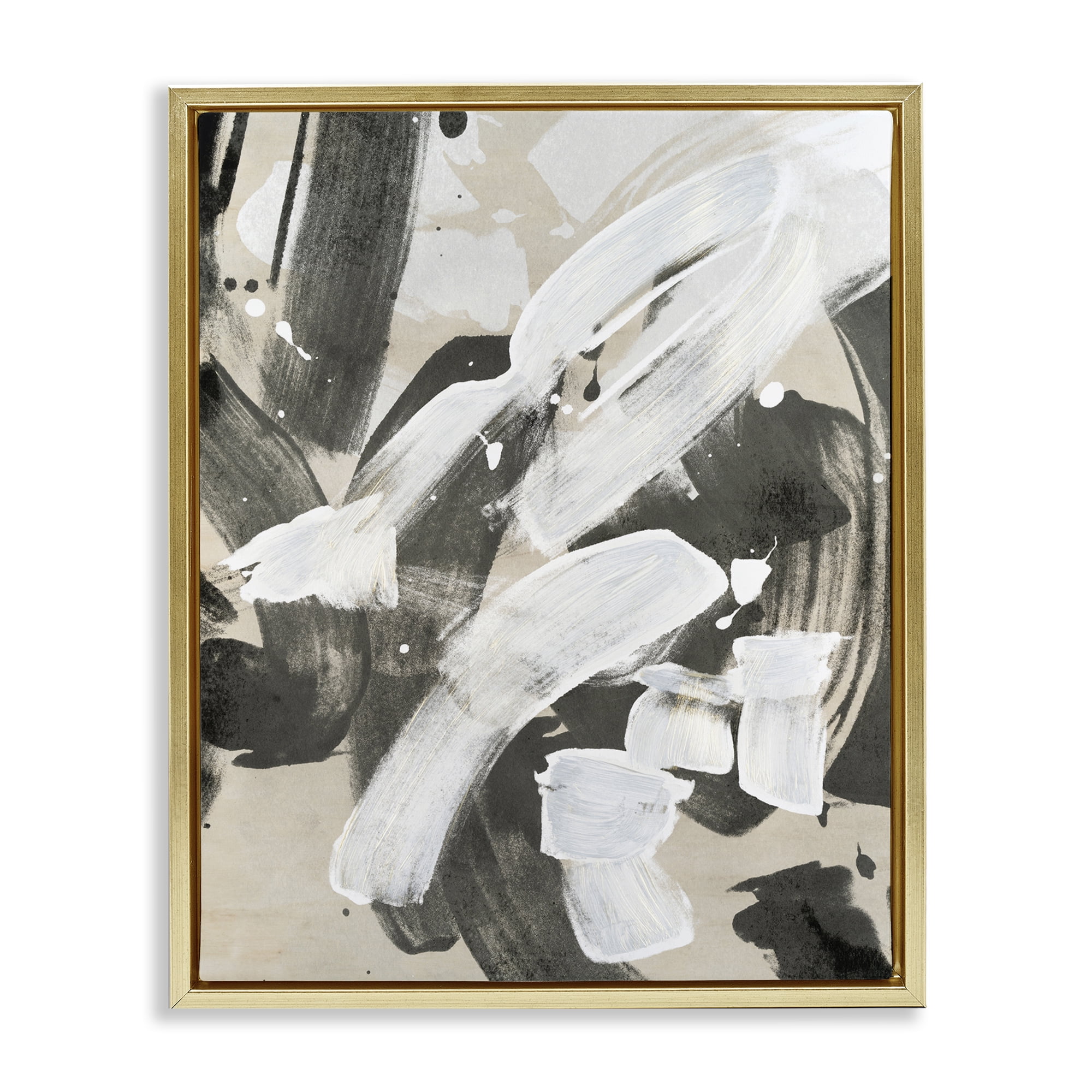 Stupell Industries Modern White Brush Stroke Abstract Painting Gold Floater Framed Canvas Art Print Wall Art, 17 x 21