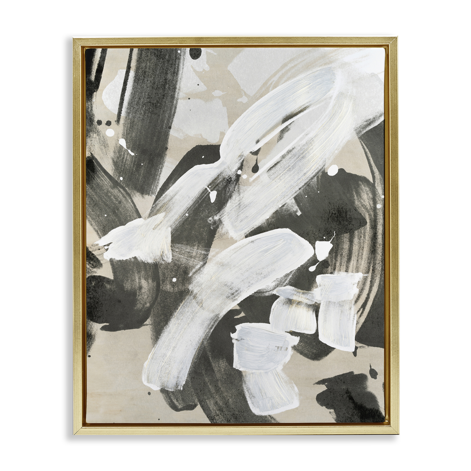 Stupell Industries Modern White Brush Stroke Abstract Painting Gold Floater Framed Canvas Art Print Wall Art, 25 x 31