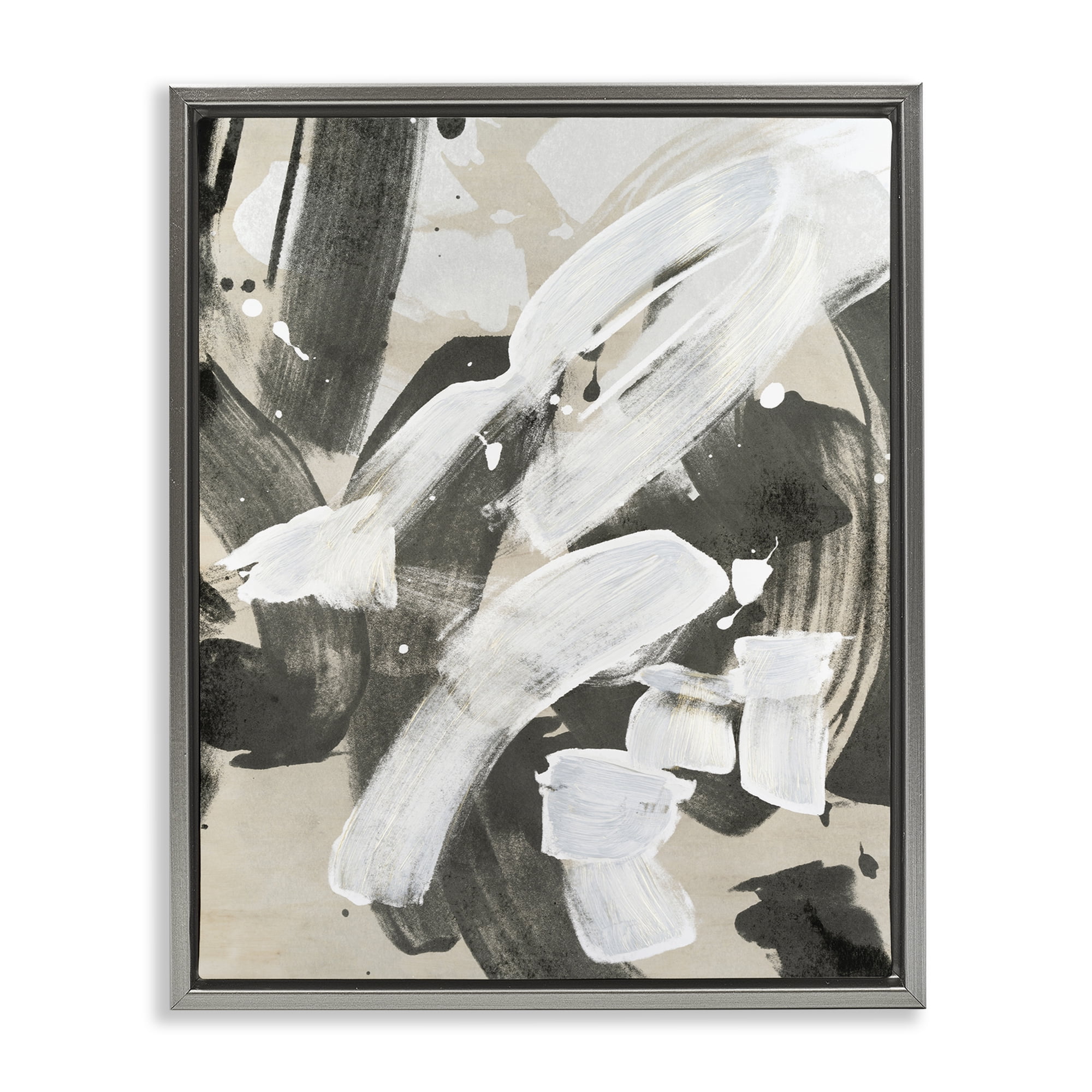 Stupell Industries Modern White Brush Stroke Abstract Painting Gray Floater Framed Canvas Art Print Wall Art, 17 x 21