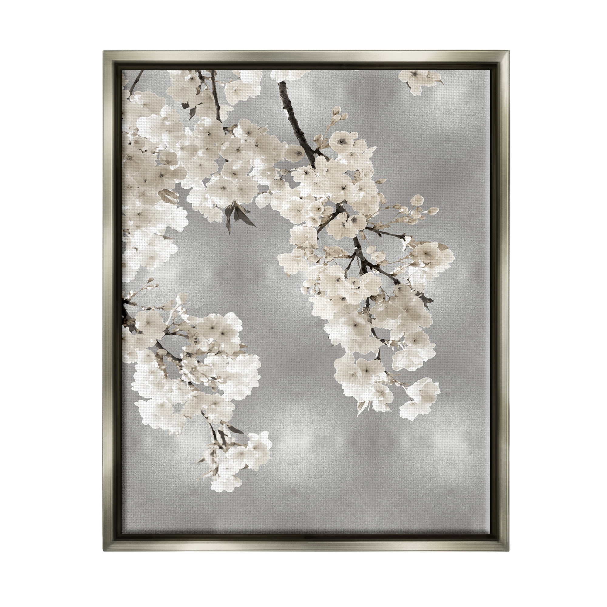 Stupell Industries Modern White Cherry Blossoms Botanical & Floral Painting Gray Floater Framed Canvas Art Print Wall Art, 17 x 21