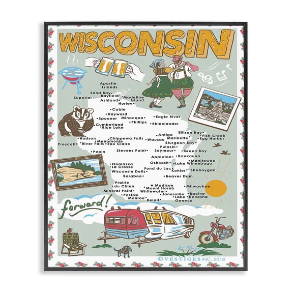 Stupell Industries Modern Wisconsin Pale Blue Illustrated Scenic Map Poster Black Framed Giclee Art, 11 x 14, by Vestiges