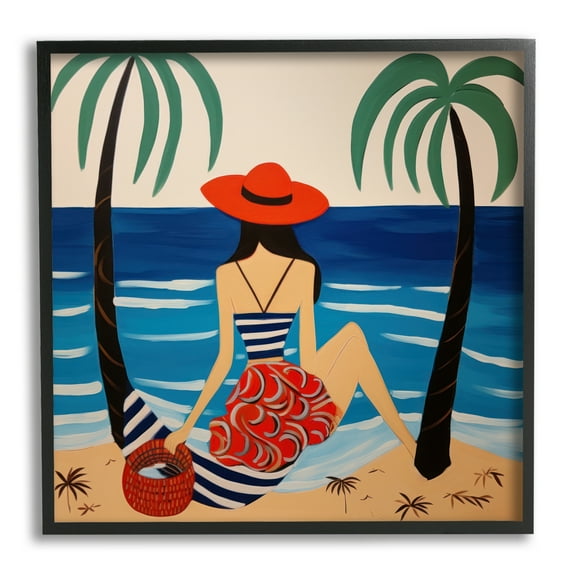 Stupell Industries Modern Woman on Shore Landscape Painting Black Framed Art Print Wall Art, 12 x 12