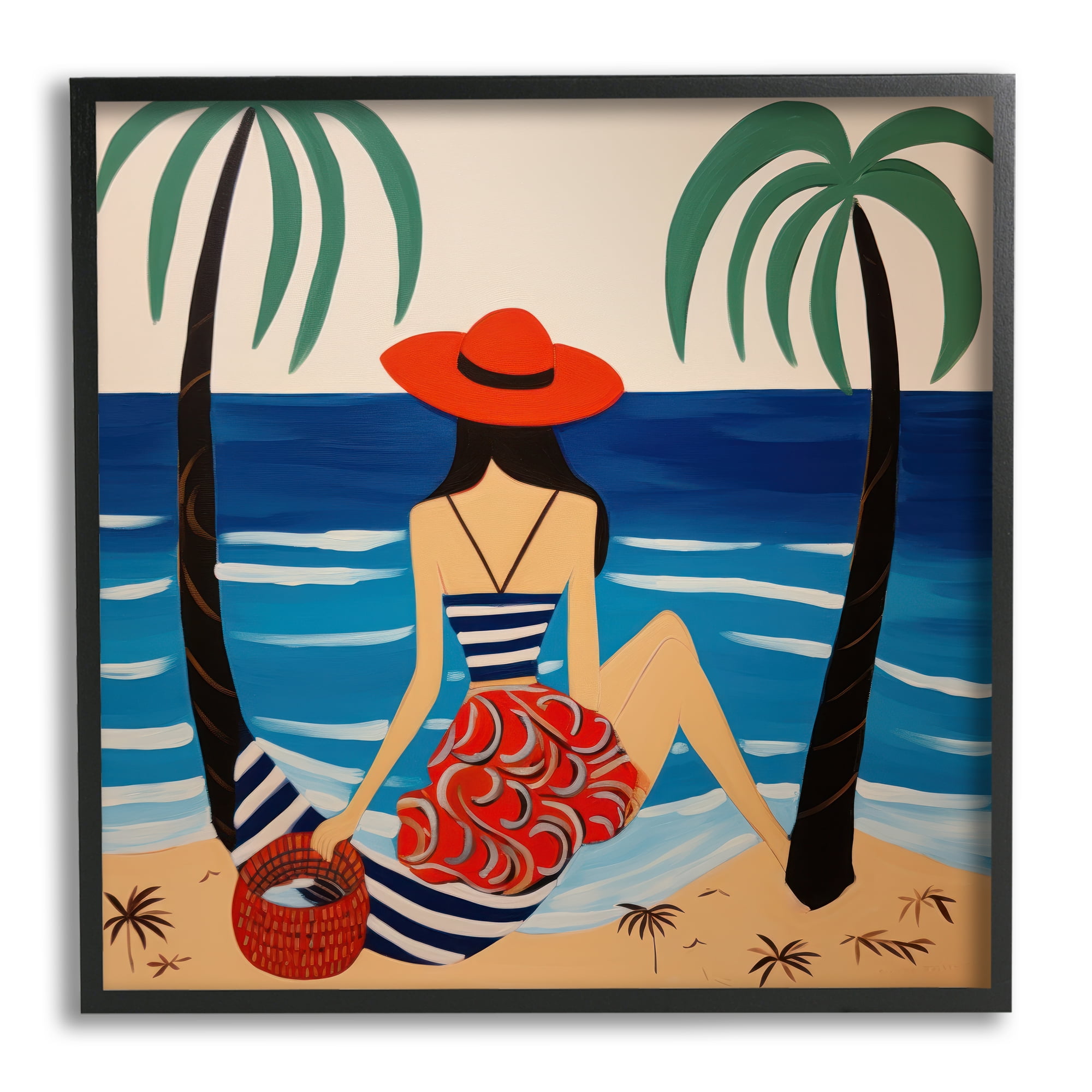 Stupell Industries Modern Woman on Shore Landscape Painting Black Framed Art Print Wall Art, 24 x 24