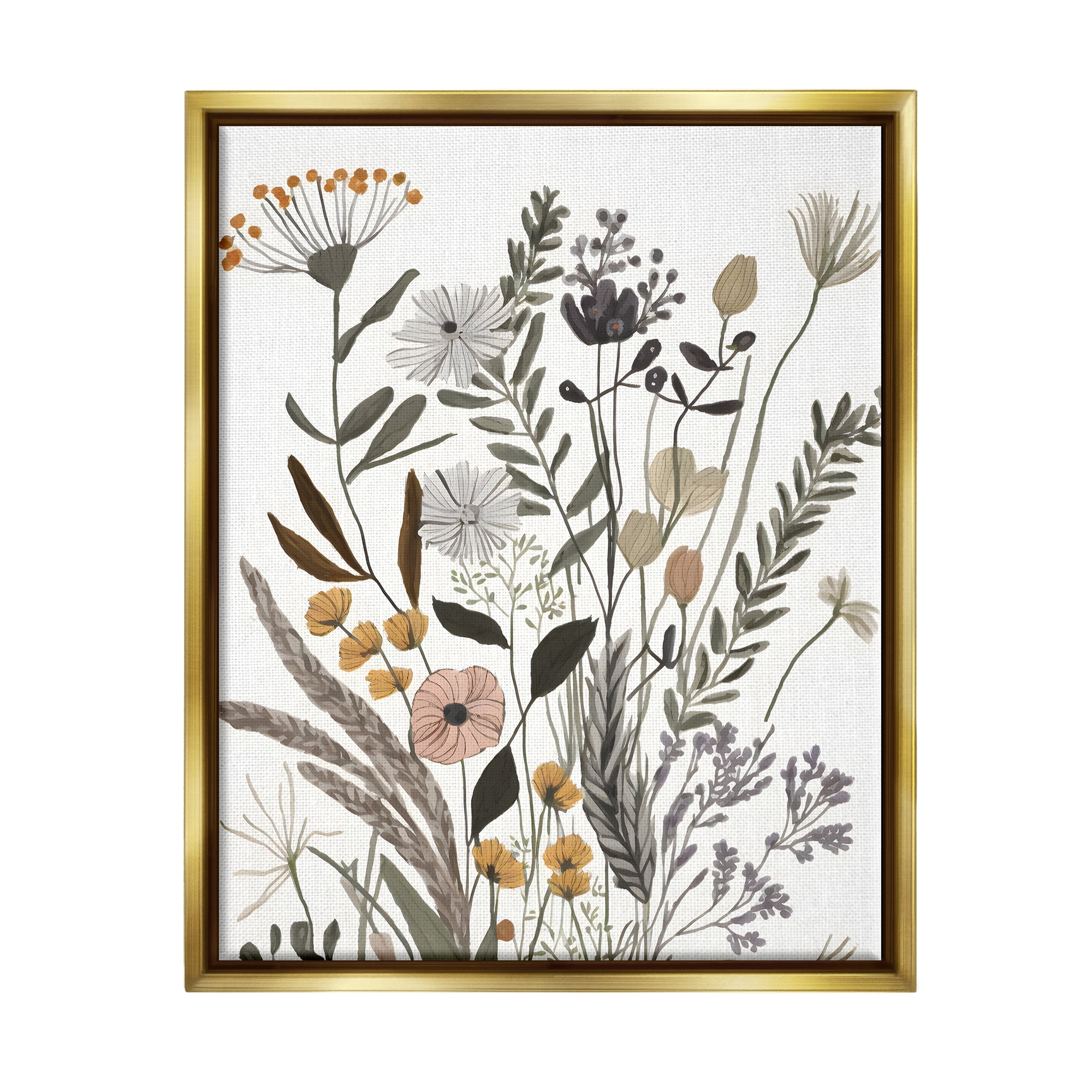 Stupell Industries Modern Woodland Herbs Botanical & Floral Painting Gold Floater Framed Canvas Art Print Wall Art, 17 x 21